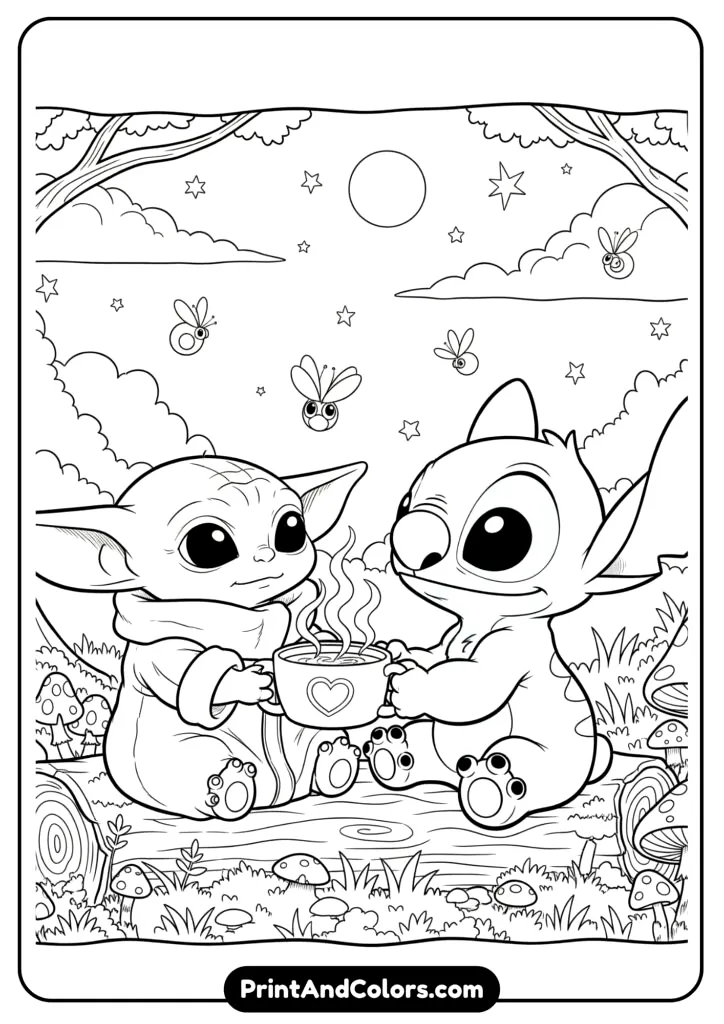 A heart-melting crossover scene of Baby Yoda (Grogu) and Stitch sitting together on a log under the stars, sharing a cup of soup, surrounded by fireflies and glowing mushrooms in a magical forest background. Both characters are drawn in a cute chibi style with large eyes and gentle expressions.