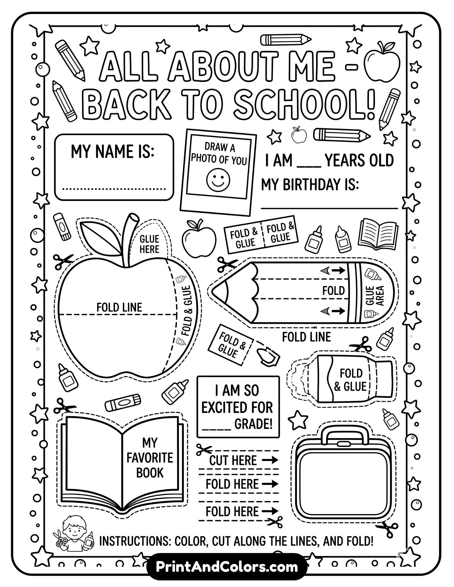 black-and-white back-to-school worksheet with scissors icons, glue symbols, and fold lines. Include school elements like pencils, books, and apples with labeled areas for personal info. Clear outlines, craft-friendly design, no shading.