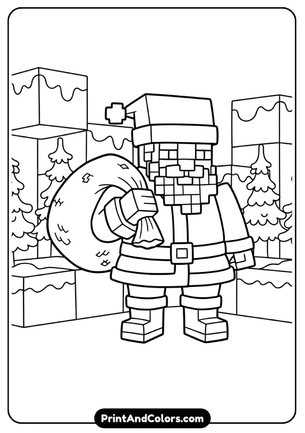 Pixelated Minecraft-style Santa with blocky shapes and sharp square outlines. Include a snowy block background.