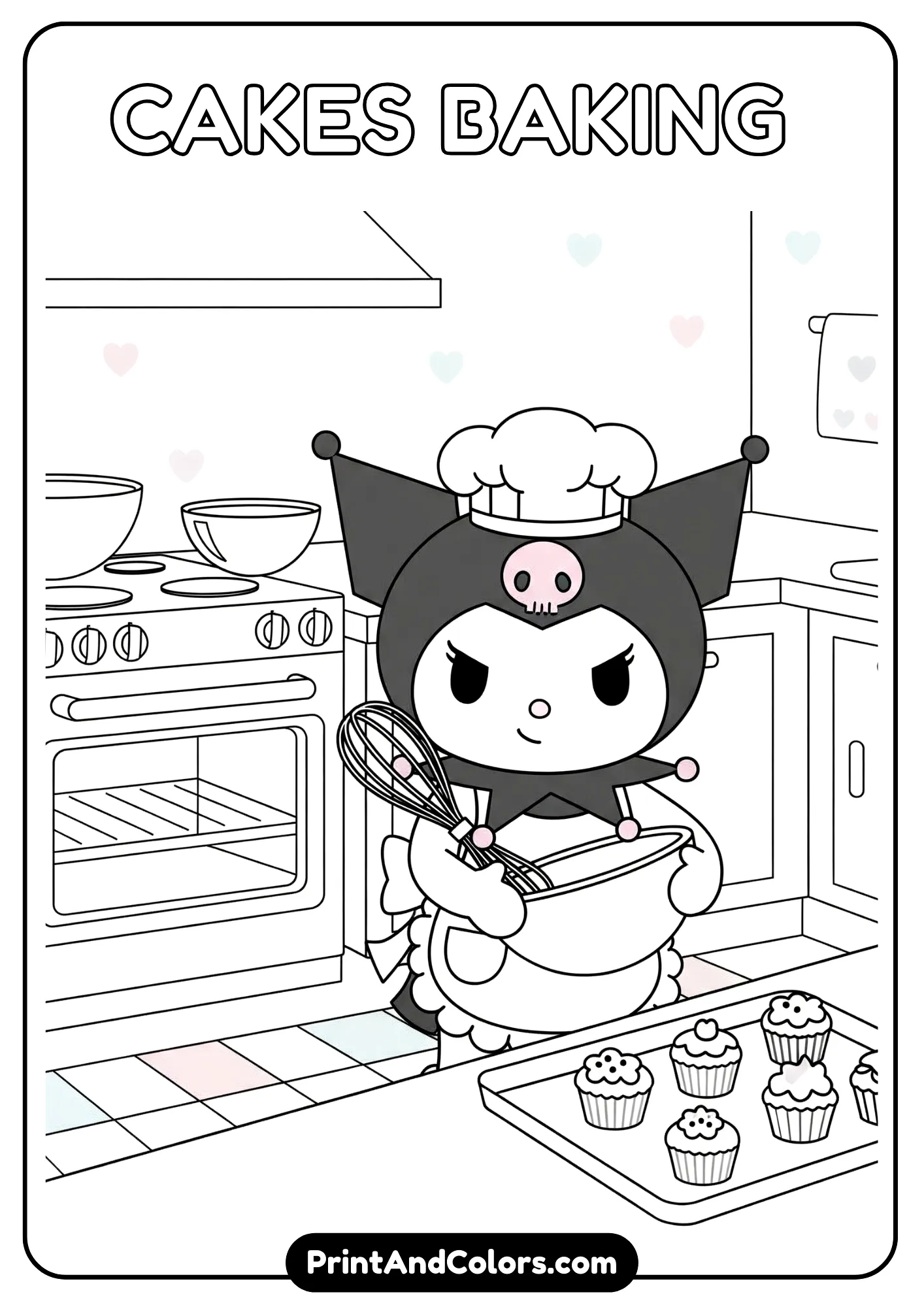 Kuromi in a pastel-themed kitchen baking cupcakes, simple background details like oven and bowls, clean outlines