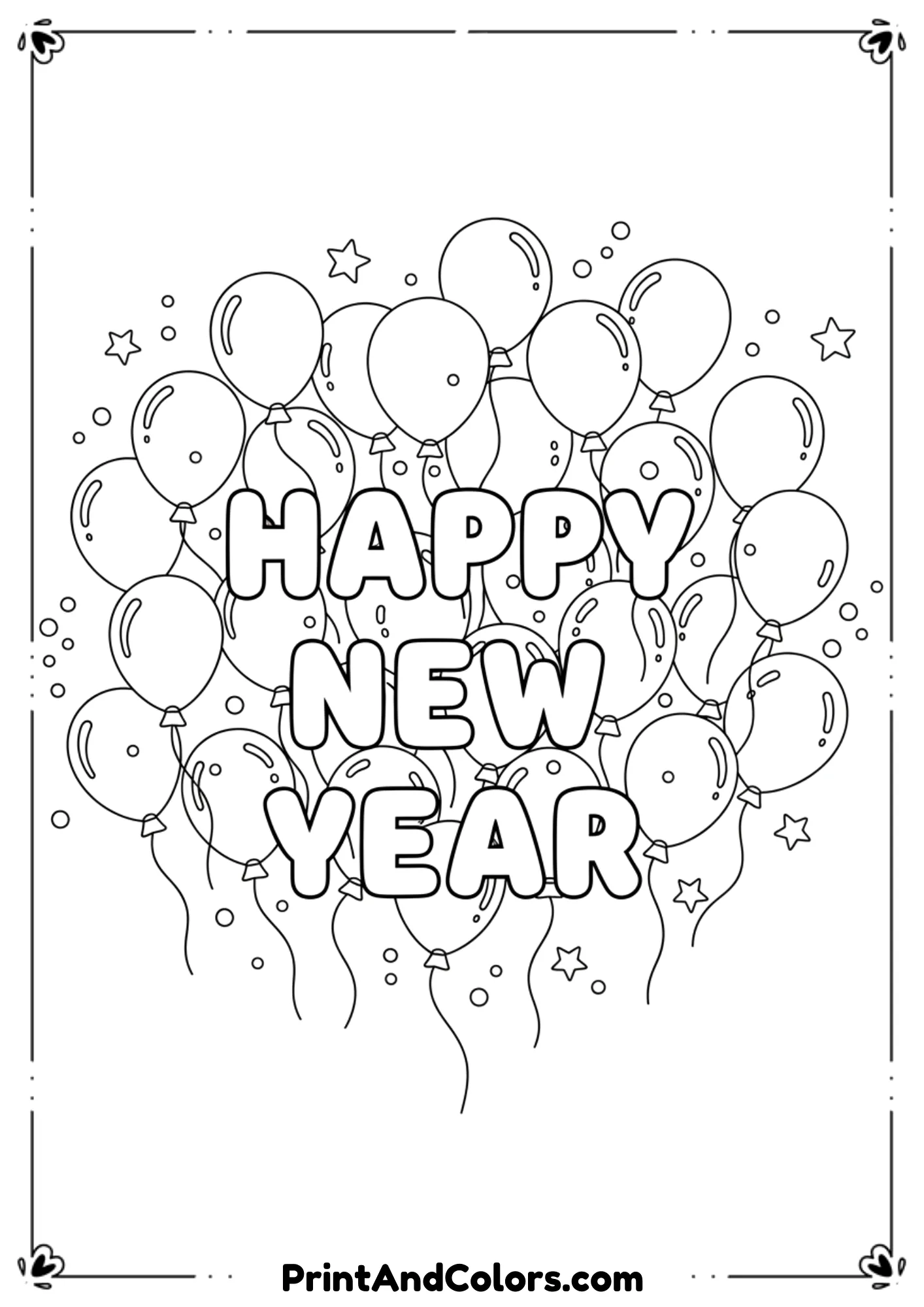 A black and white coloring page showing big “Happy New Year” words with a bunch of floating balloons placed in the center and around the text. Include ribbons, small stars, and confetti. Use thick outlines, simple shapes, and a clean white background for easy coloring by kids.
