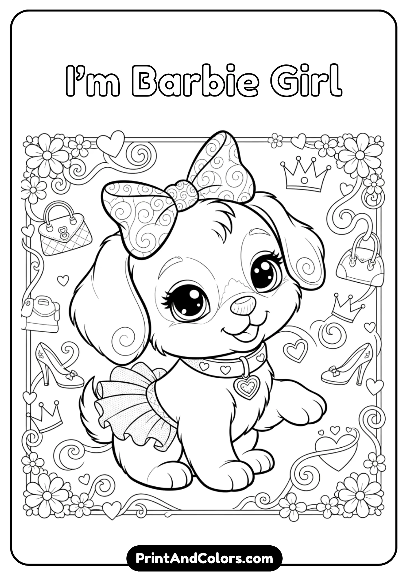 Outline art of a Barbie-style puppy with a bow on its head, designed in cute fashion theme. Black and white coloring page