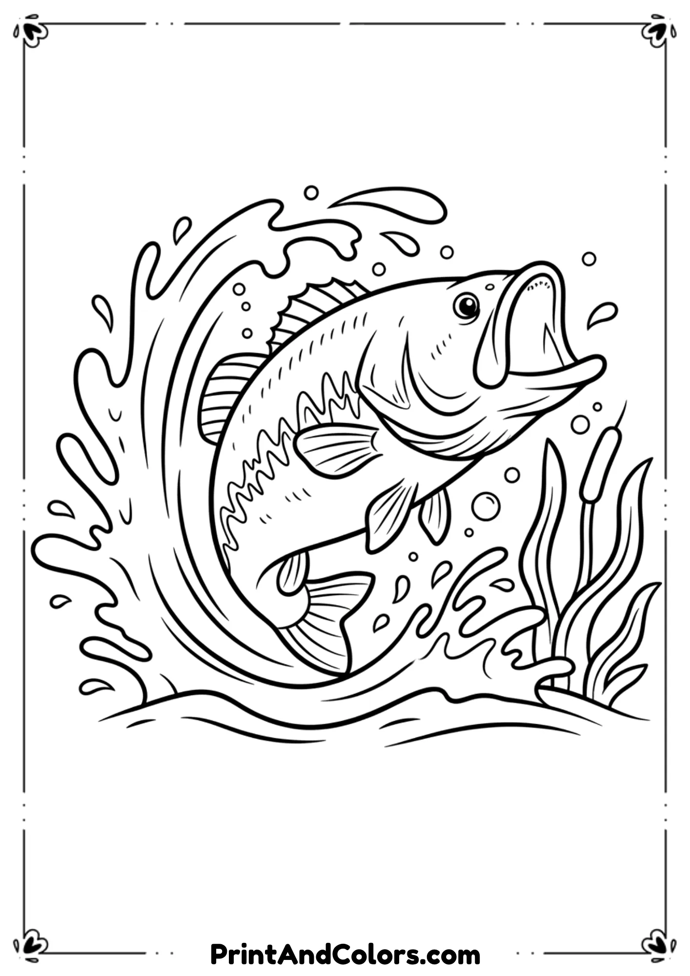 Largemouth bass in motion, mouth open, with water splash lines and underwater plants. Clean bold outlines, semi-realistic.