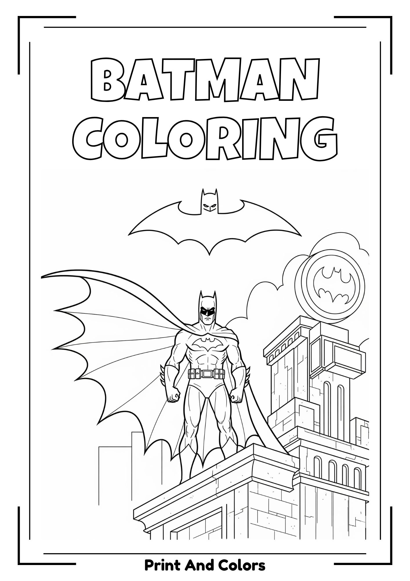 Batman coloring pages with gliding cape, Bat-Signal, and rooftop heroic poses