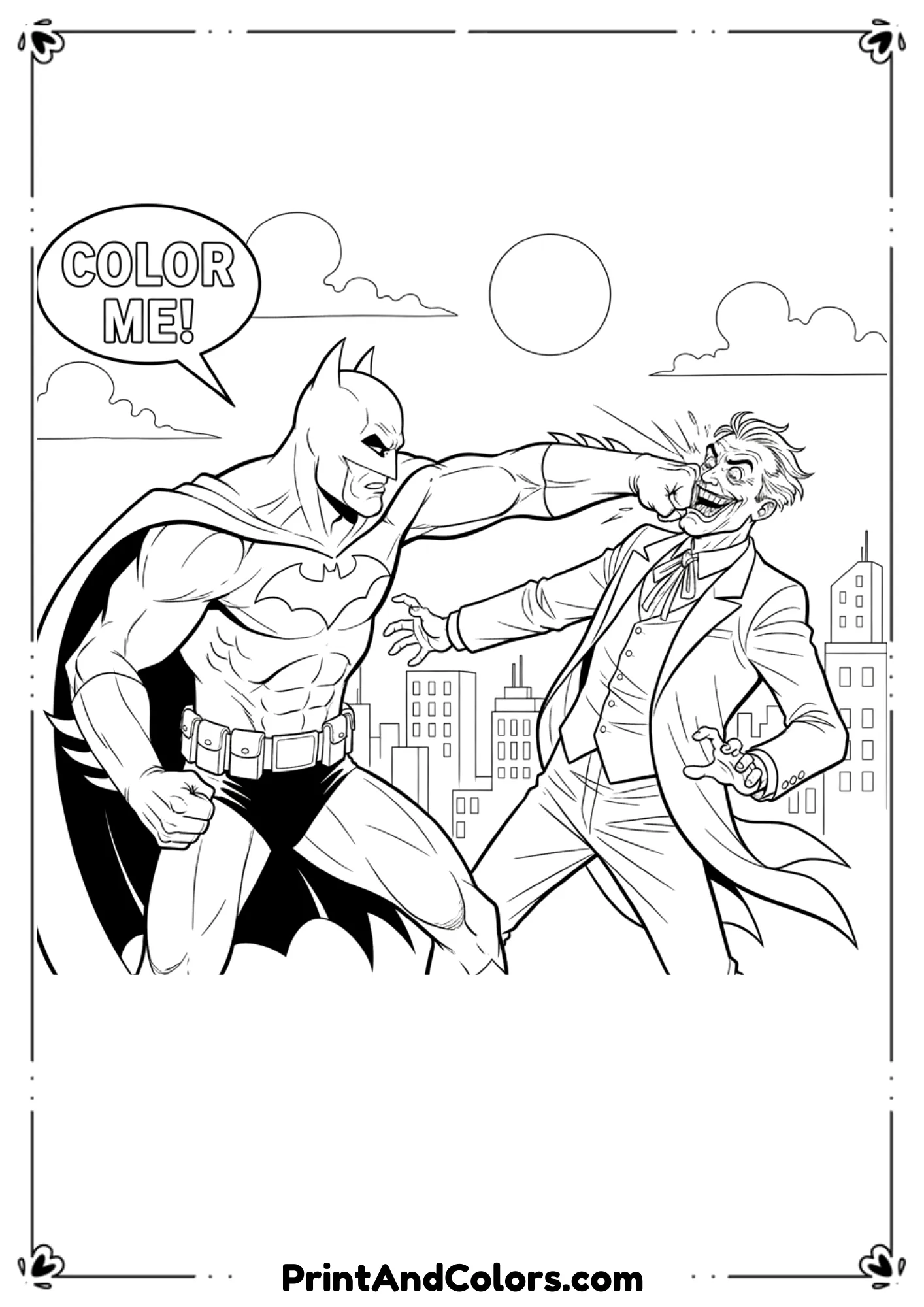 Batman punching Joker in action scene, outlined in bold black and white comic style.
