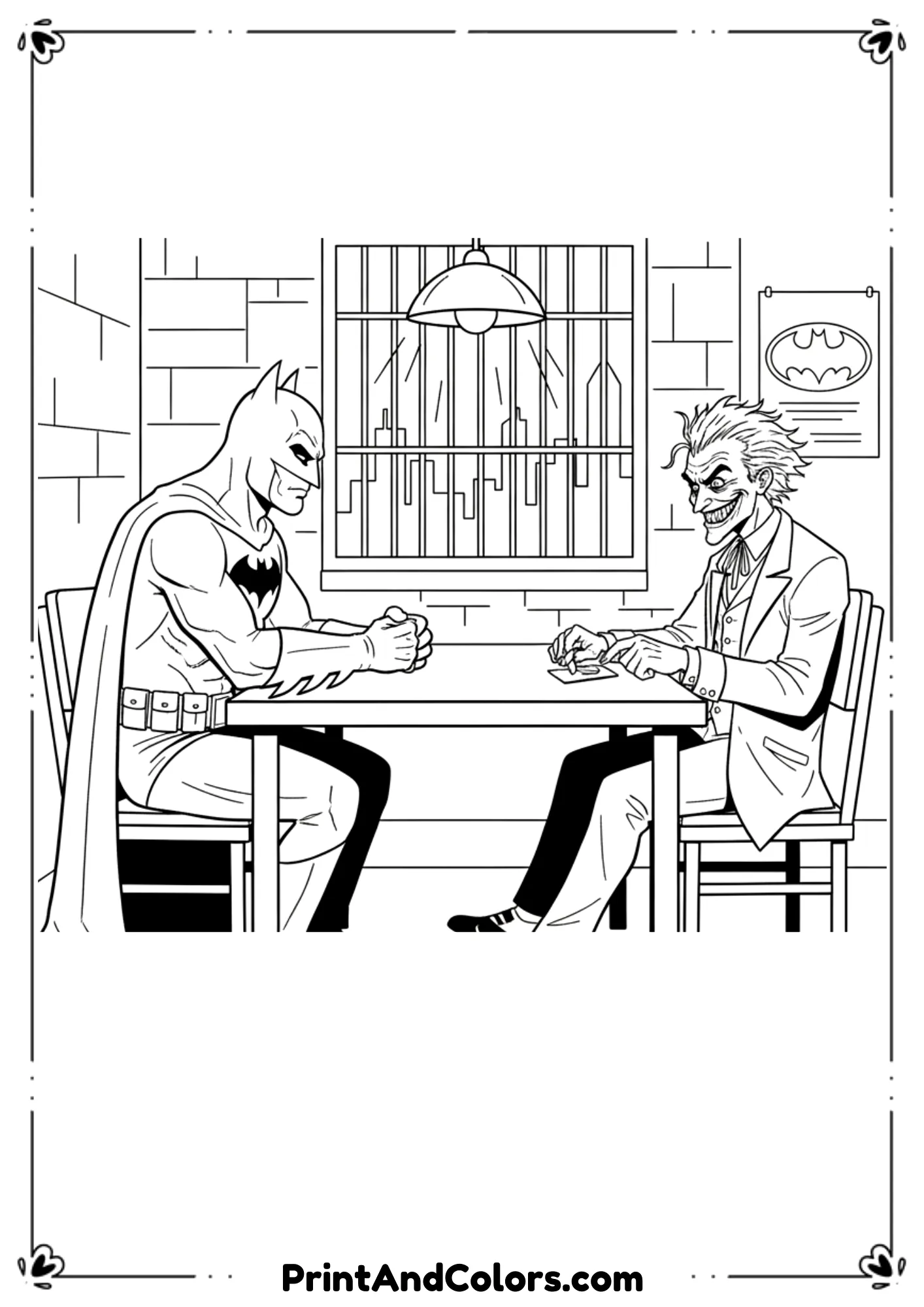 Black and white outline of Batman sitting across from Joker at an interrogation table.
