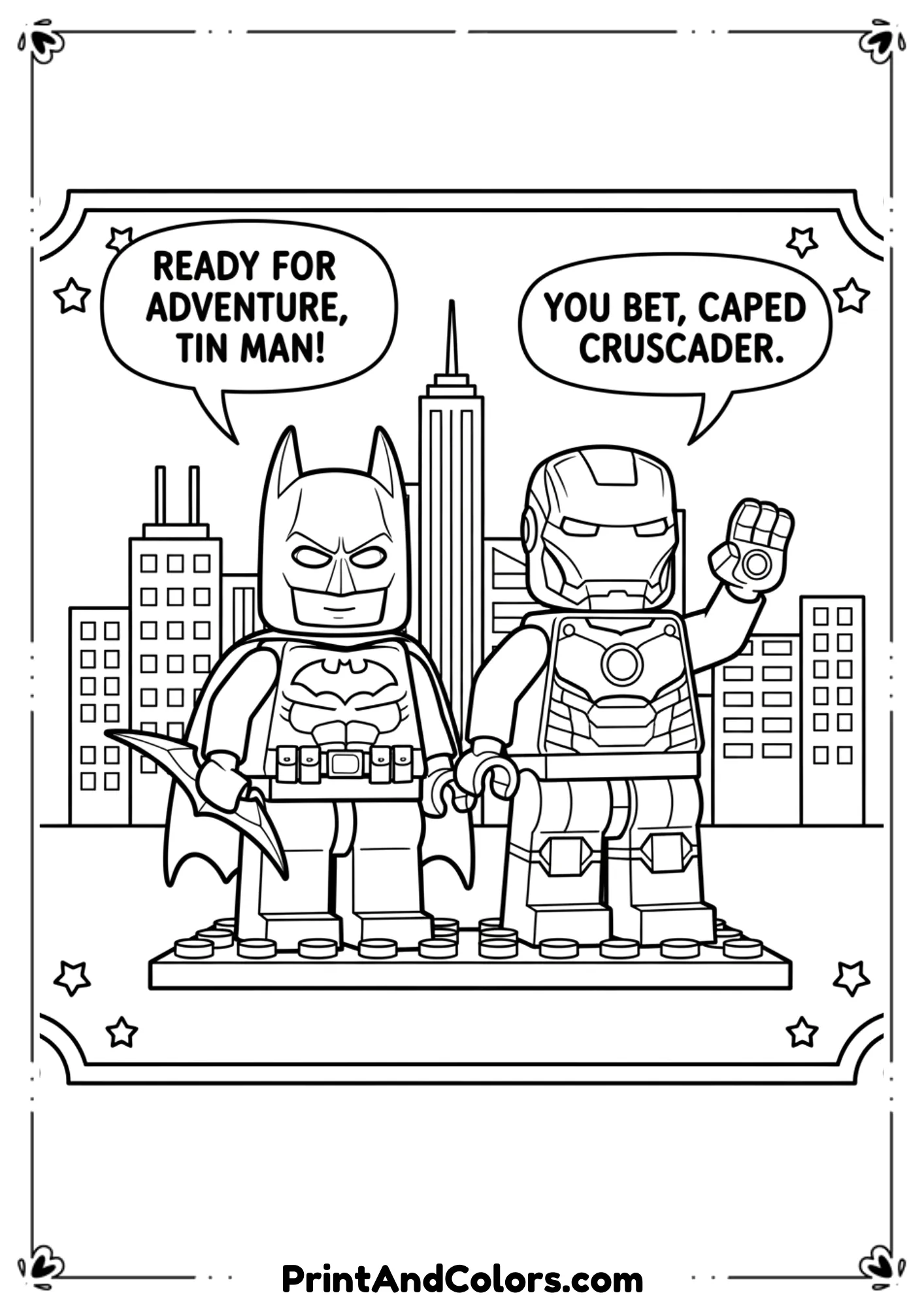 Cartoon Lego-style line drawing of Batman and Iron Man together, simplified design for kids.
