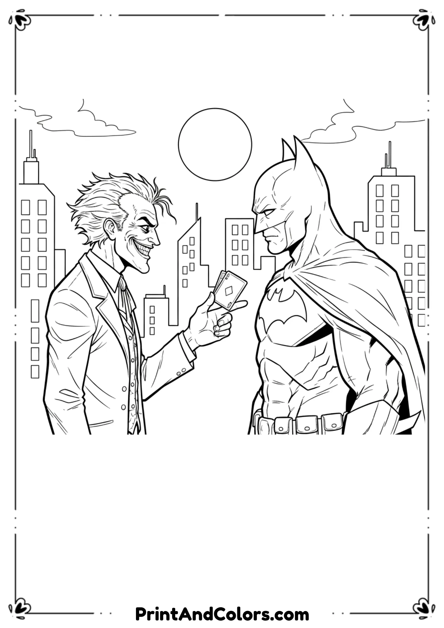 Joker standing face-to-face with Batman, black and white comic-style line art for coloring.
