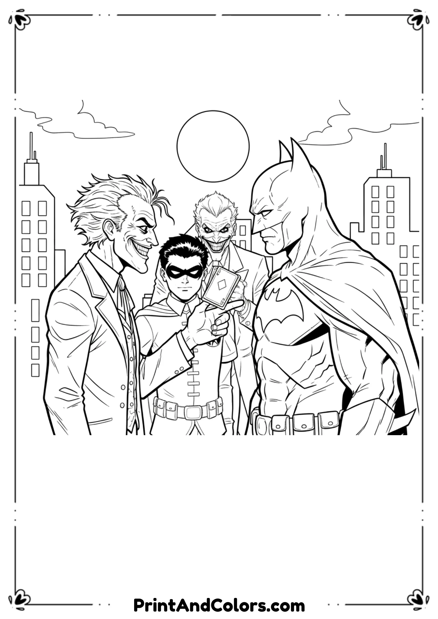 Black and white outline of Batman and Robin standing against Joker, comic book style.
