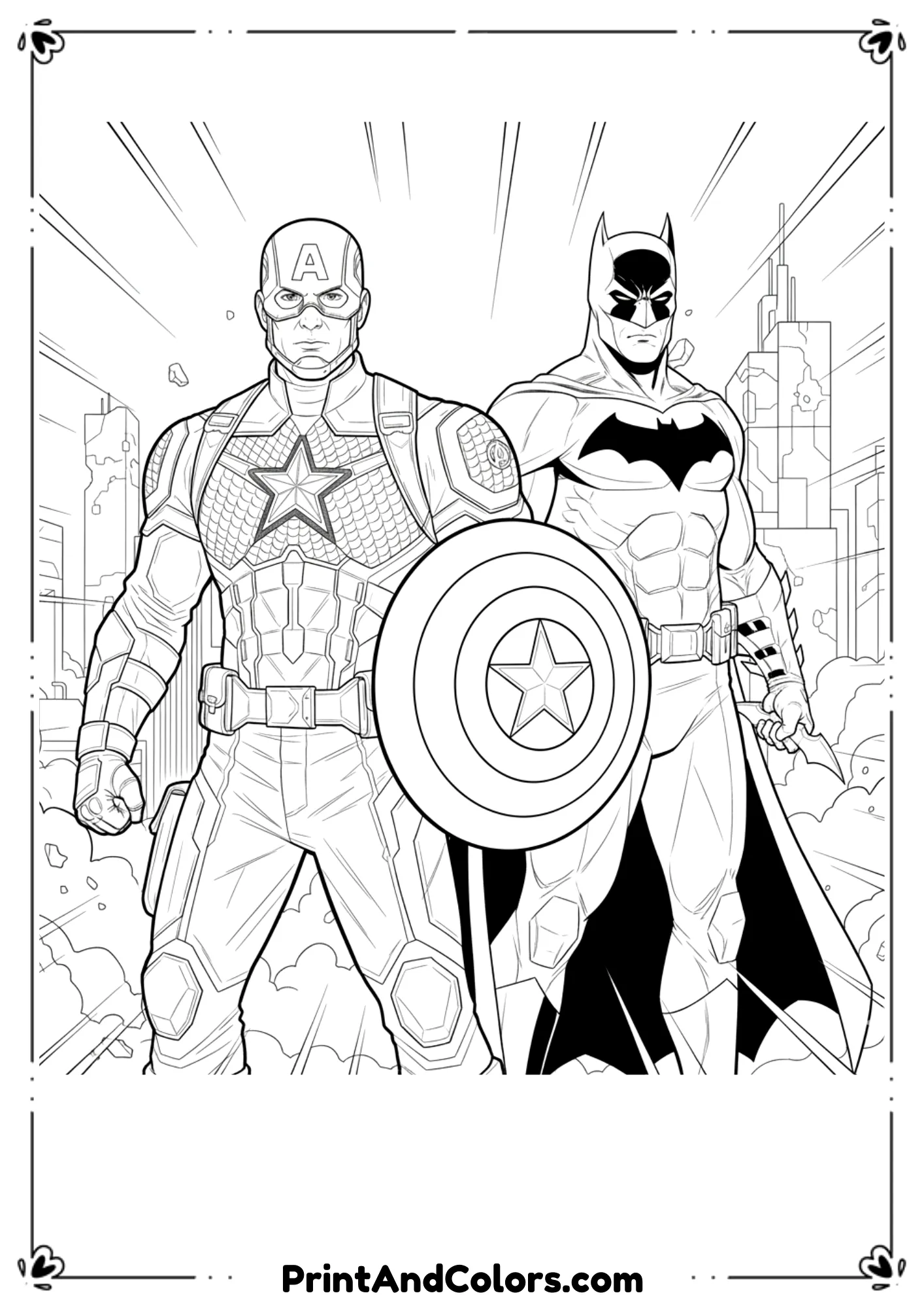  Crossover line art of Captain America standing next to Batman, both in superhero poses.
