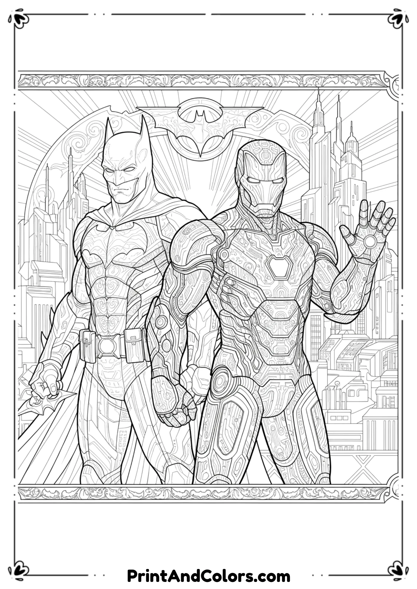 Line art of Batman and Iron Man standing side by side, superhero crossover scene.

