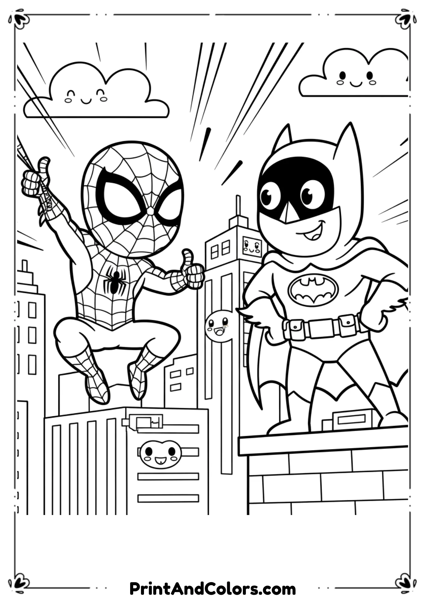  Spider-Man swinging next to Batman standing on a rooftop, bold superhero outlines.