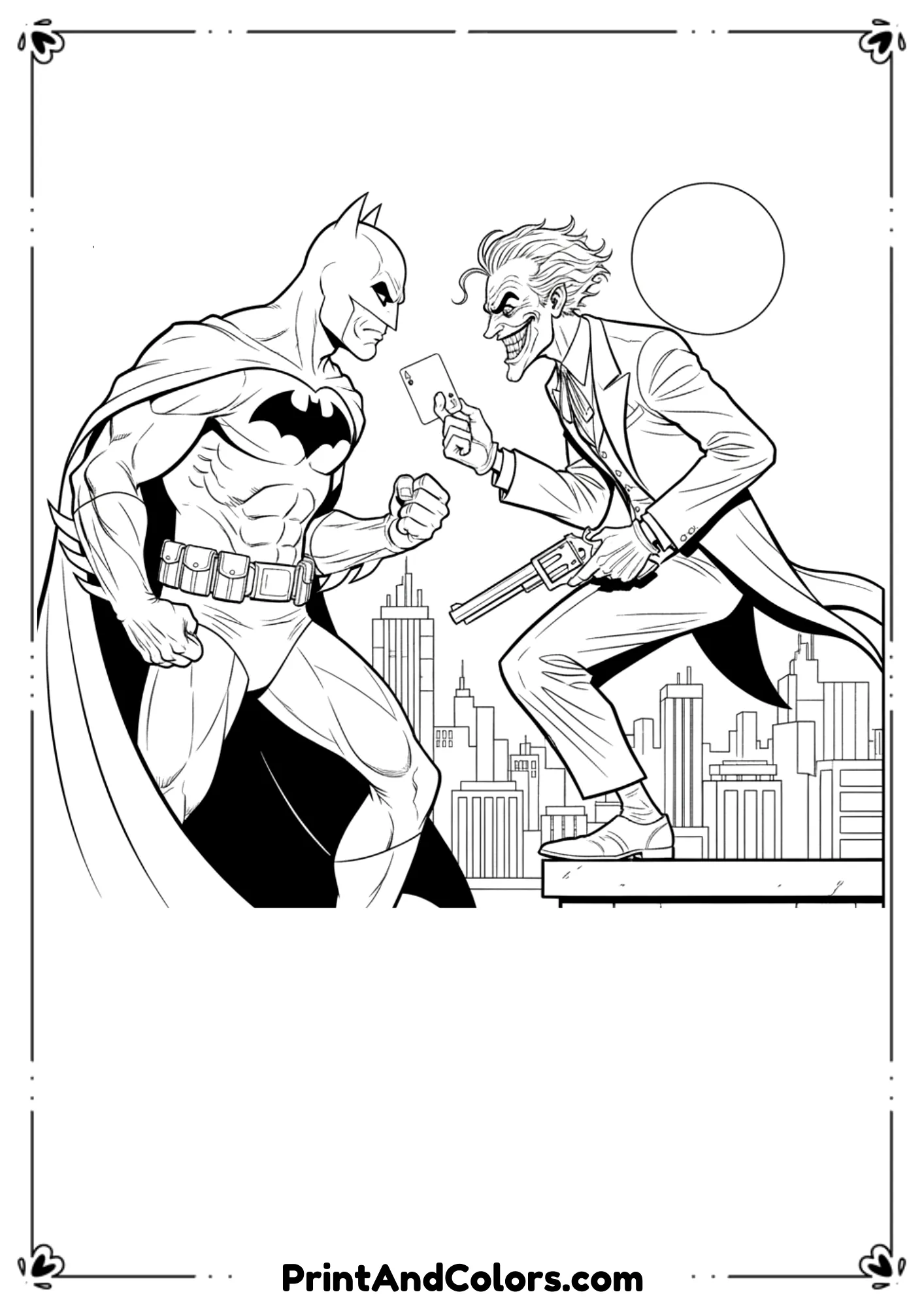 Batman and Joker face-to-face in a showdown pose, bold black and white comic outline.
