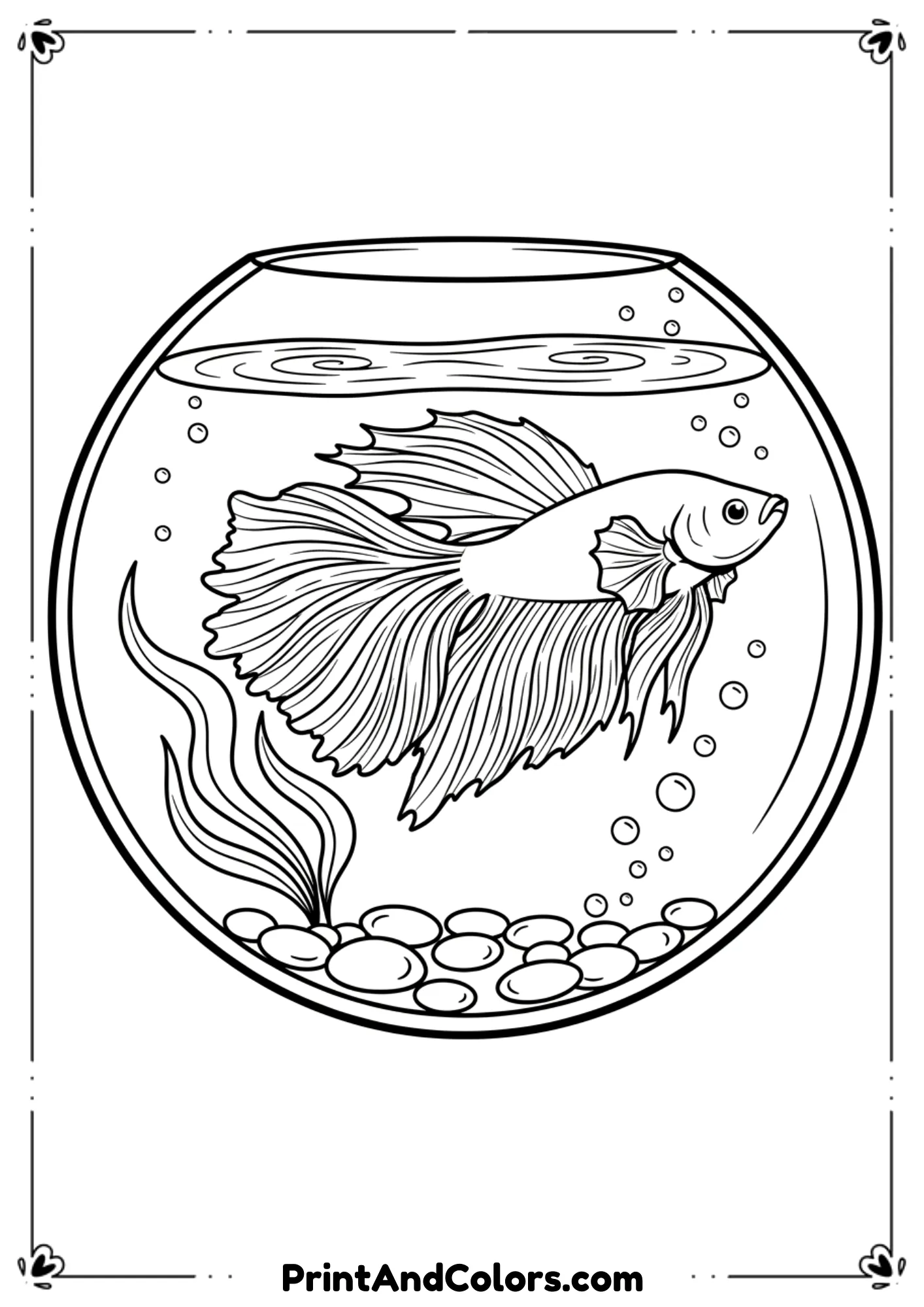 A decorative betta fish with long flowing tail and fins, underwater plants, and bubble accents. Elegant curved line work, adult-friendly.