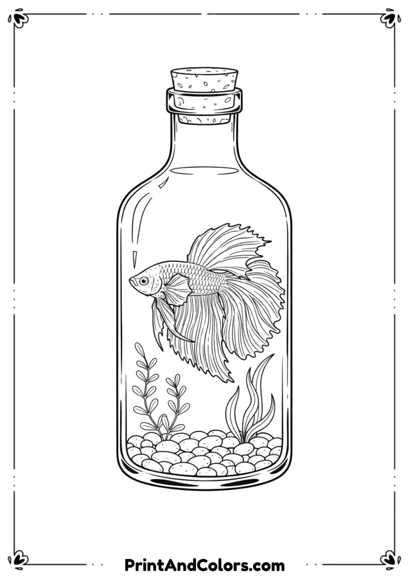 Elegant betta fish with flowing fins inside a bottle-shaped tank. Add small pebbles and tiny plants inside. Detailed but clean line art.