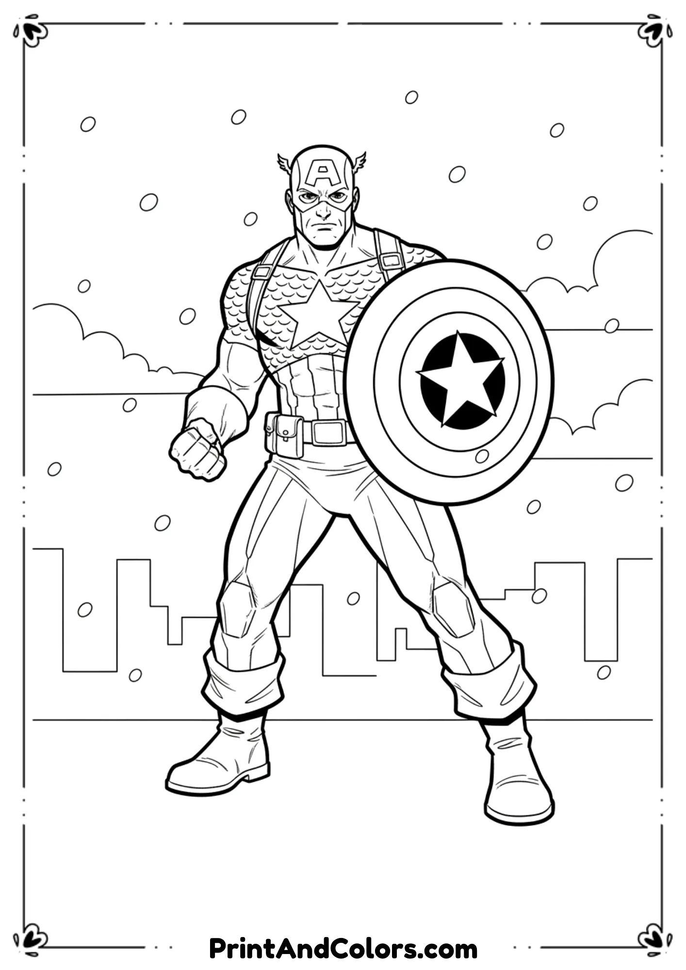  Detailed comic-style black and white line art of Captain America in heroic stance, high-quality outlines.
