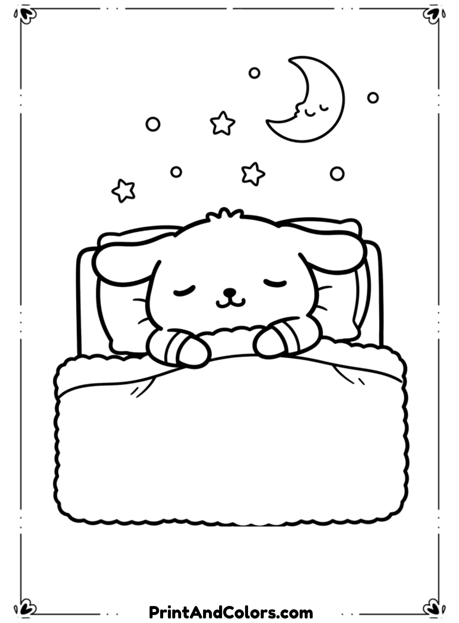  Draw PomPompurin wearing pajamas and sleeping peacefully under a blanket. Add small stars or moon icons. Use soft rounded lines, black outlines only, no shading.

