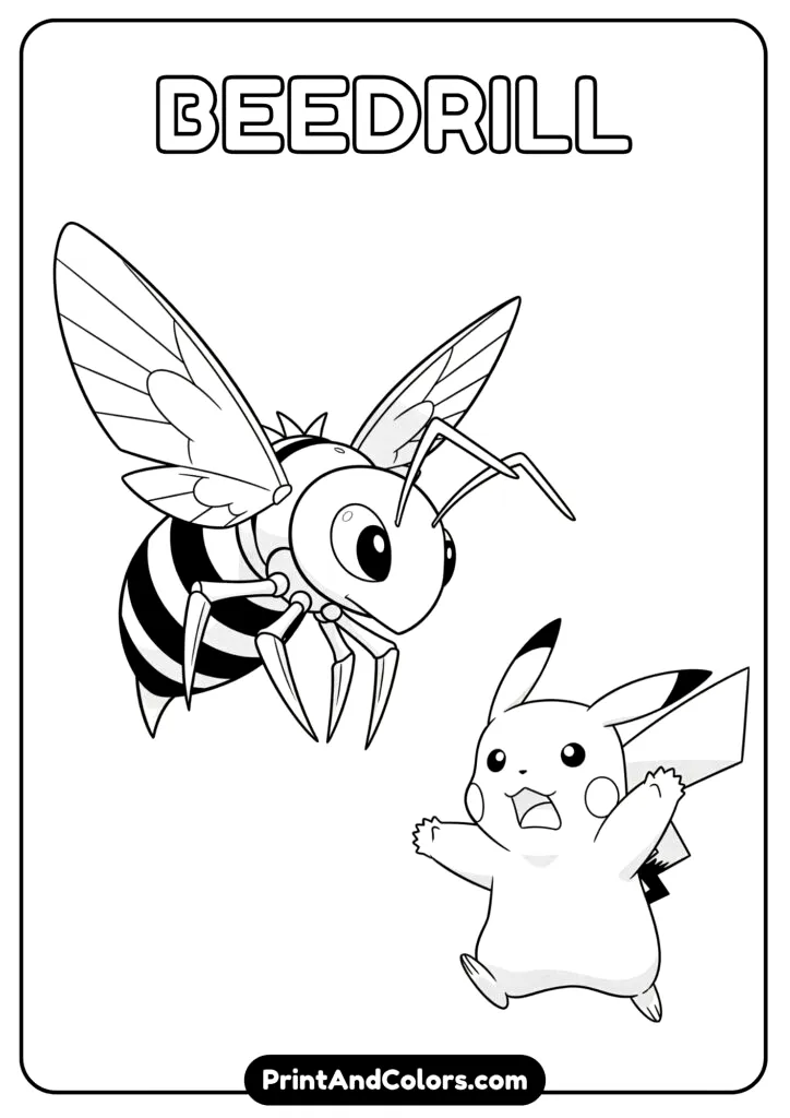 Beedrill ready to sting near Pikachu – buzzing coloring sheet.