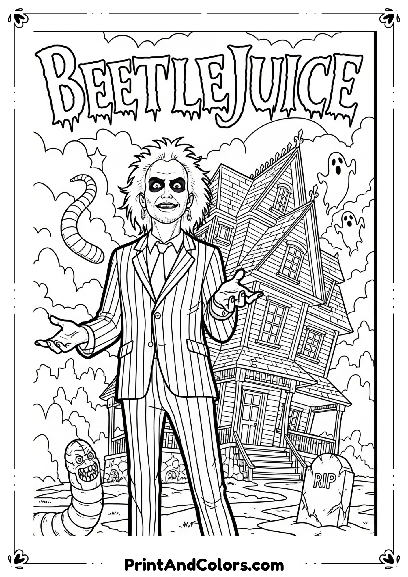 Black-and-white poster-style line art of Beetlejuice with spooky background and haunted house.