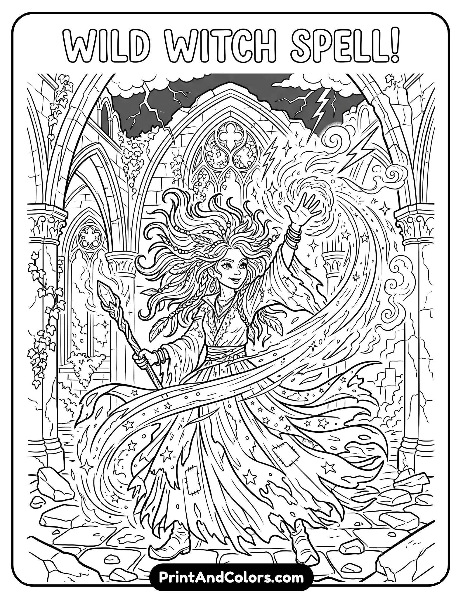 Detailed black and white fantasy coloring page of a wild-haired dark witch casting a powerful spell with swirling magical energy and dramatic robes. Include lightning effects, smoke curls, gothic ruins, and magical sparks. Printable adult coloring book line art style with intricate details