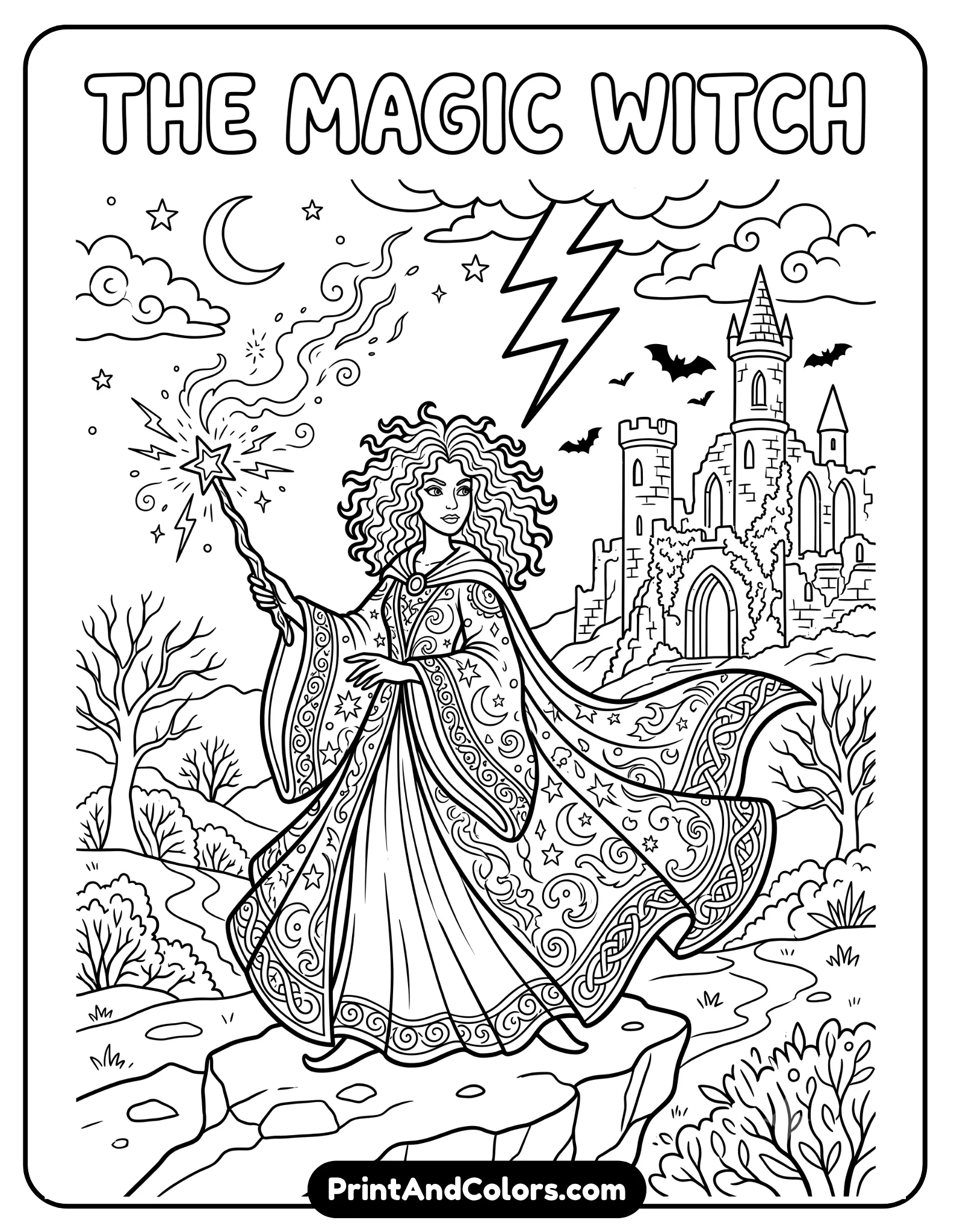 Highly detailed black and white fantasy coloring page of a dark witch with wild curly hair and dramatic flowing robes holding a wand. Include magical smoke, gothic castle ruins, stars, lightning effects, and ornate decorative patterns. Adult coloring book style with intricate line art