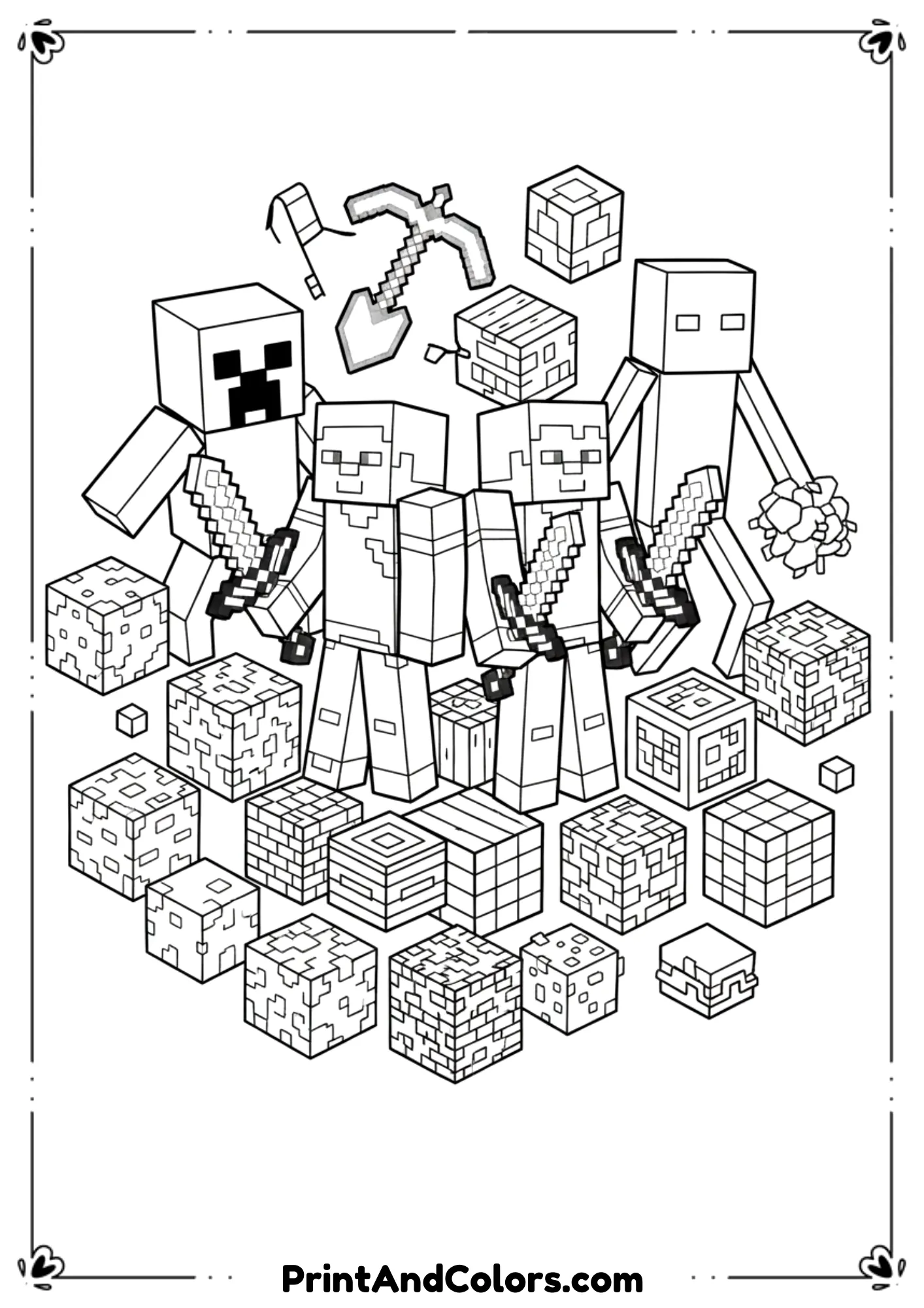 Black and white line illustration showcasing the best Minecraft elements including Steve, Alex, Creeper, Enderman, swords, and blocks, balanced layout, bold outlines, no shading, printable coloring page.
