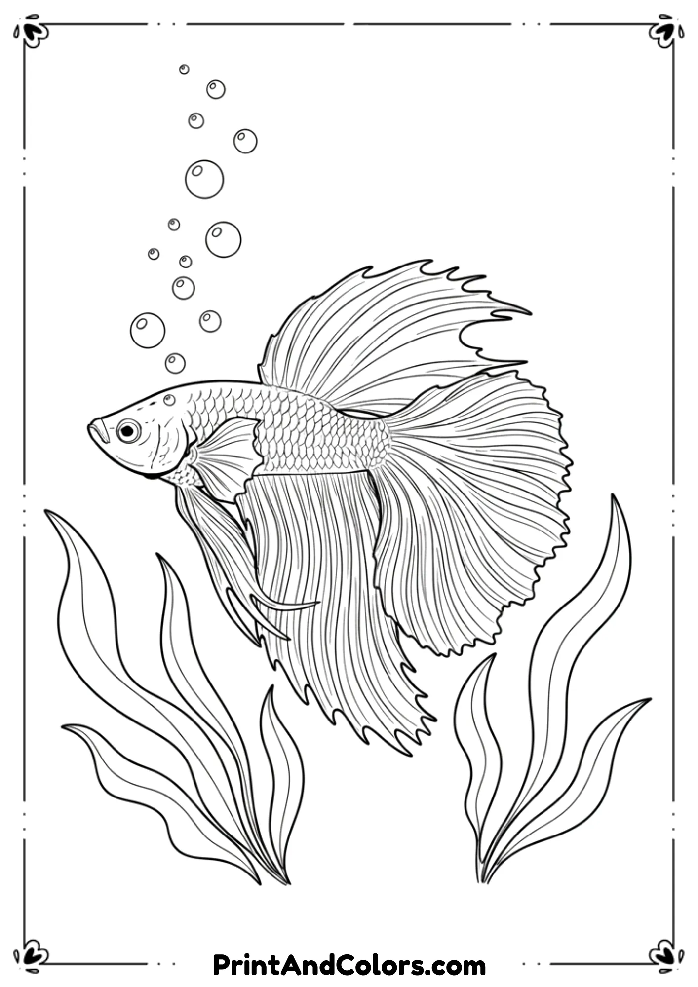 Classic monochrome fish with decorative patterns, seaweed, coral, and bubbles. Crisp line-art with no shading.