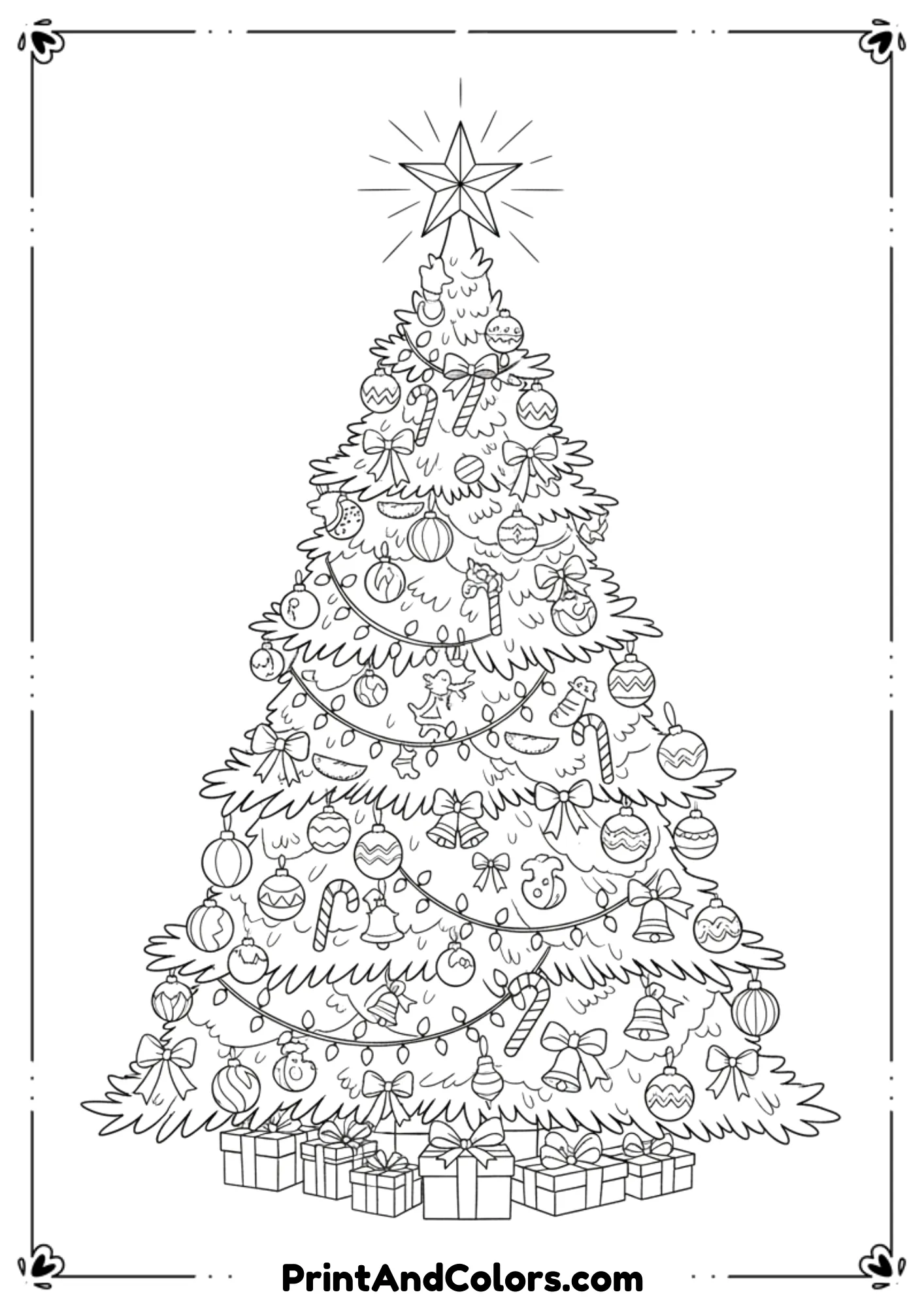 Large and tall Christmas tree taking up most of the page, full of ornaments, bows, lights, and a large star at the top. Detailed yet kid-friendly line-art.
