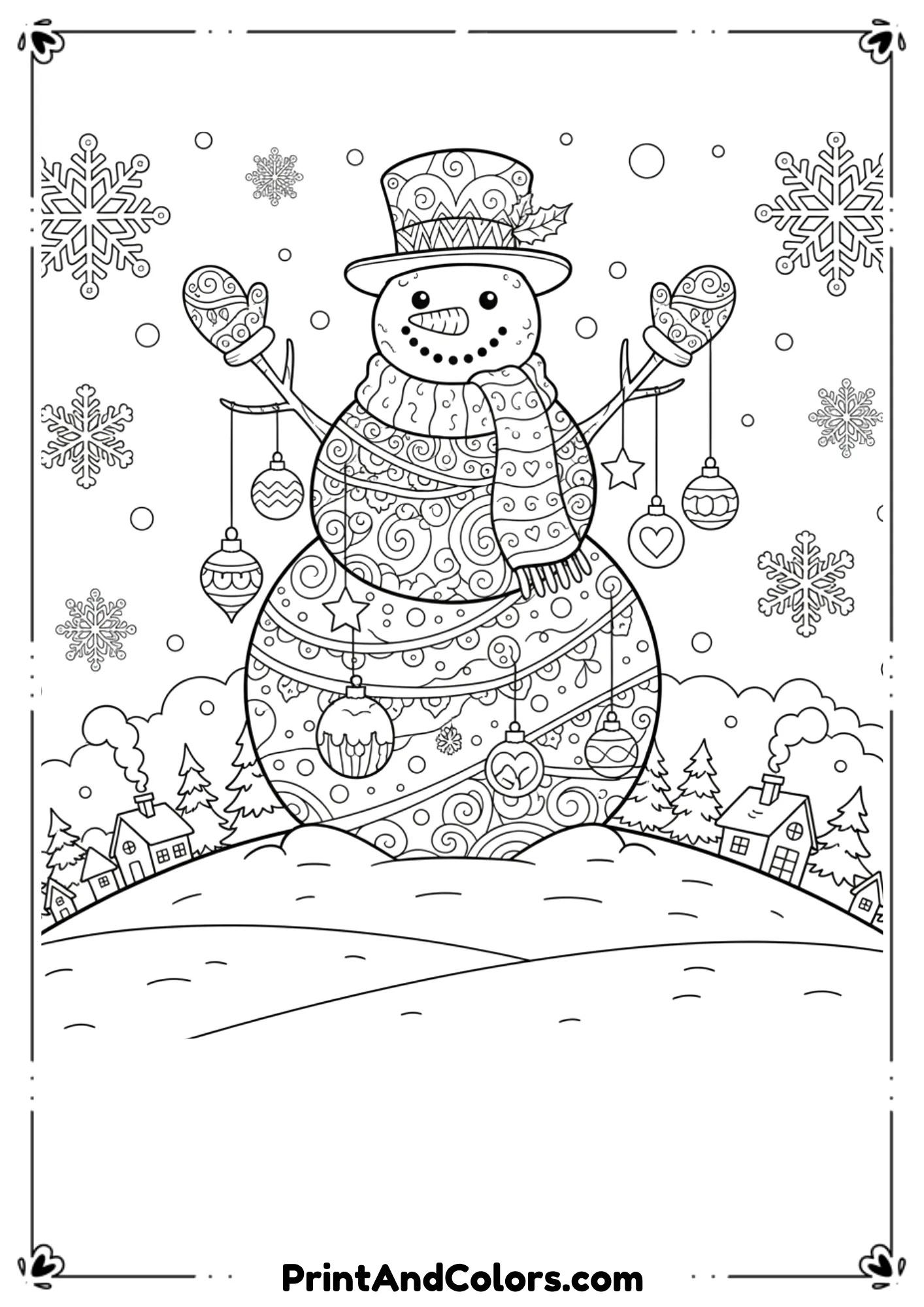 Large snowman on top of hill, decorated with ornaments, garland, and patterns. Trees and small houses in background.
