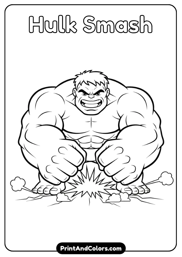 Large cartoon Hulk smashing the ground, kid-friendly proportions, exaggerated muscles, thick clean outlines, no background