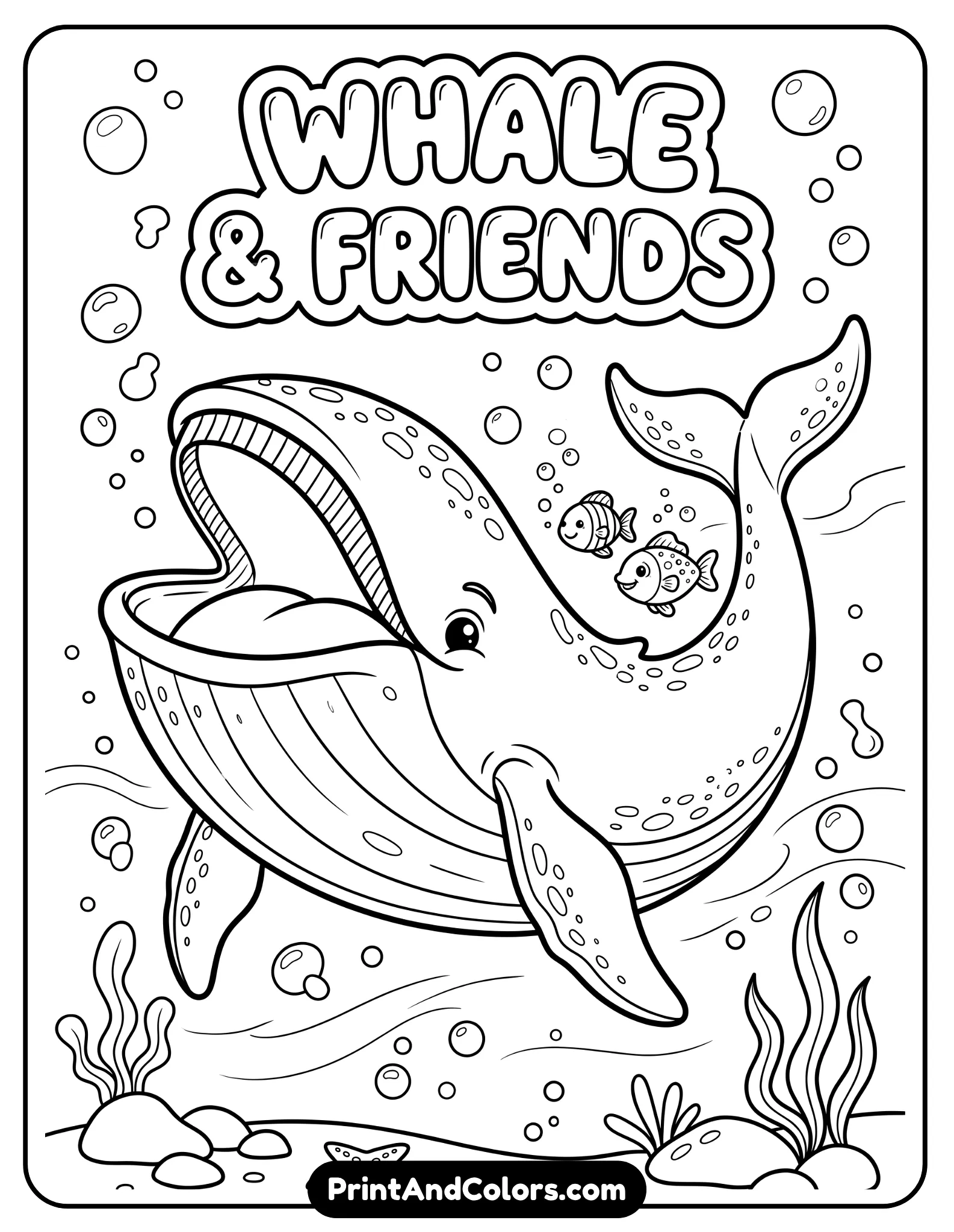 Black and white scene of a large whale with open mouth and two small fish nearby, simple ocean background with bubbles. Cartoon style, not scary
