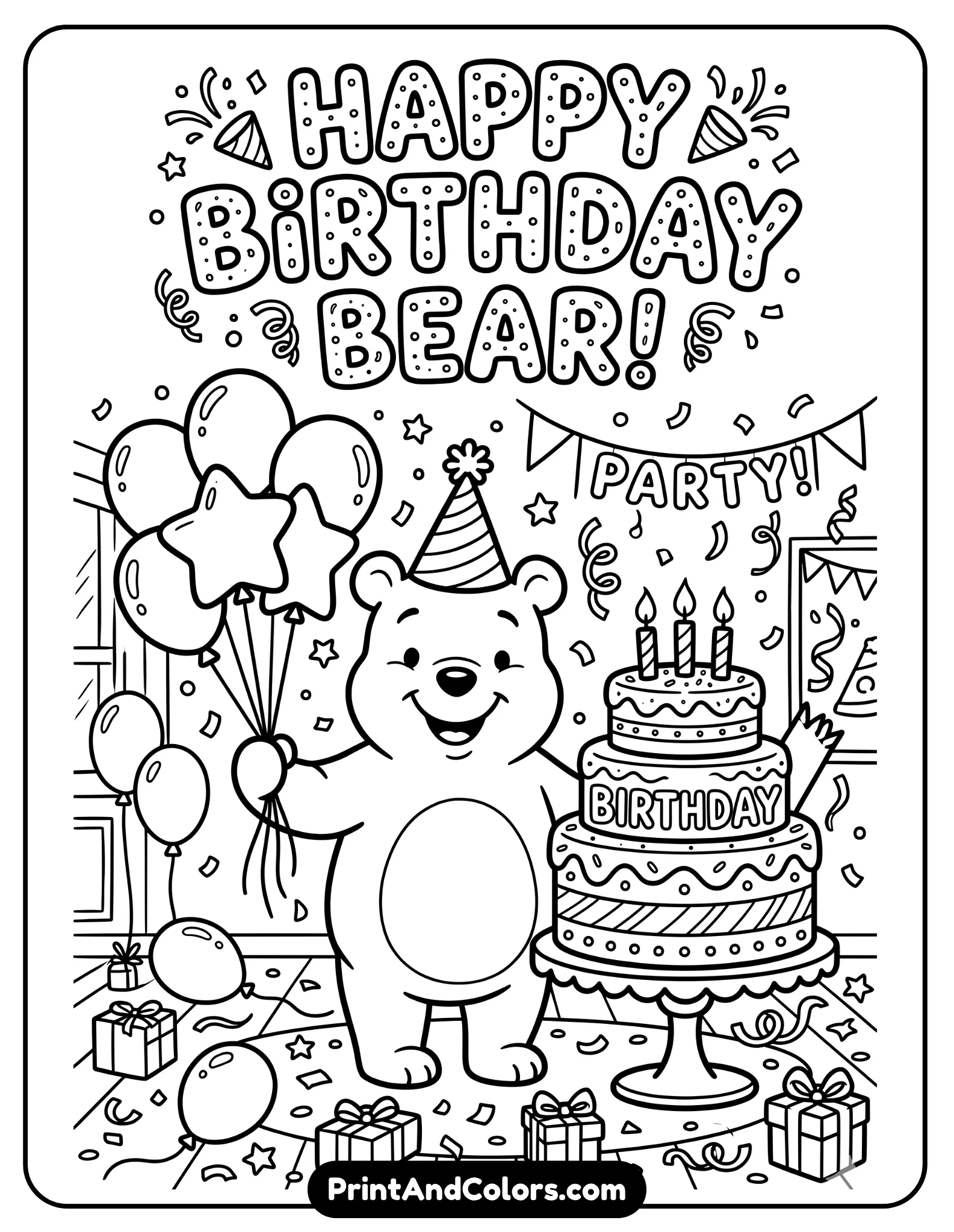 Black and white coloring page showing Winnie the Pooh celebrating a birthday, standing next to a birthday cake with candles, holding balloons in one hand, confetti and streamers around, cheerful cartoon style, bold outlines for easy coloring, festive party scene