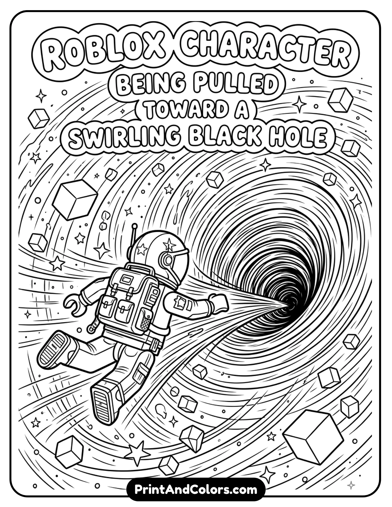 Roblox character being pulled toward a swirling black hole, spiral lines, floating cubes, dynamic motion, bold outlines, no shading