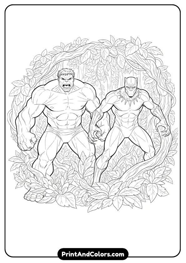 Detailed black and white illustration of Hulk standing beside Black Panther emerging from dense forest leaves, clean ink outlines, no shading.