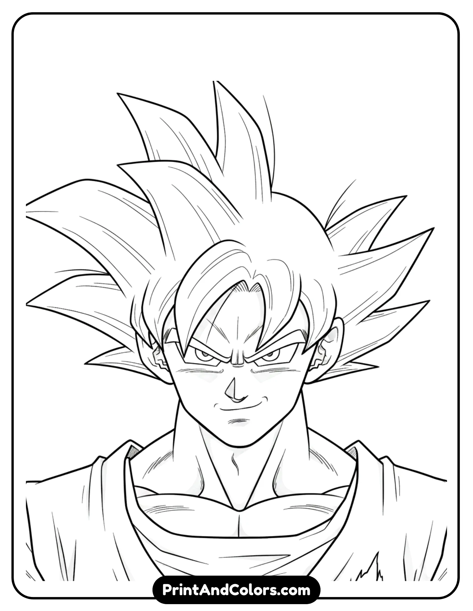 Create a detailed portrait of Goku’s face and upper torso. Focus on expressive eyes, spiky hair, and clean facial features. No background or minimal framing lines. Crisp black outlines only.