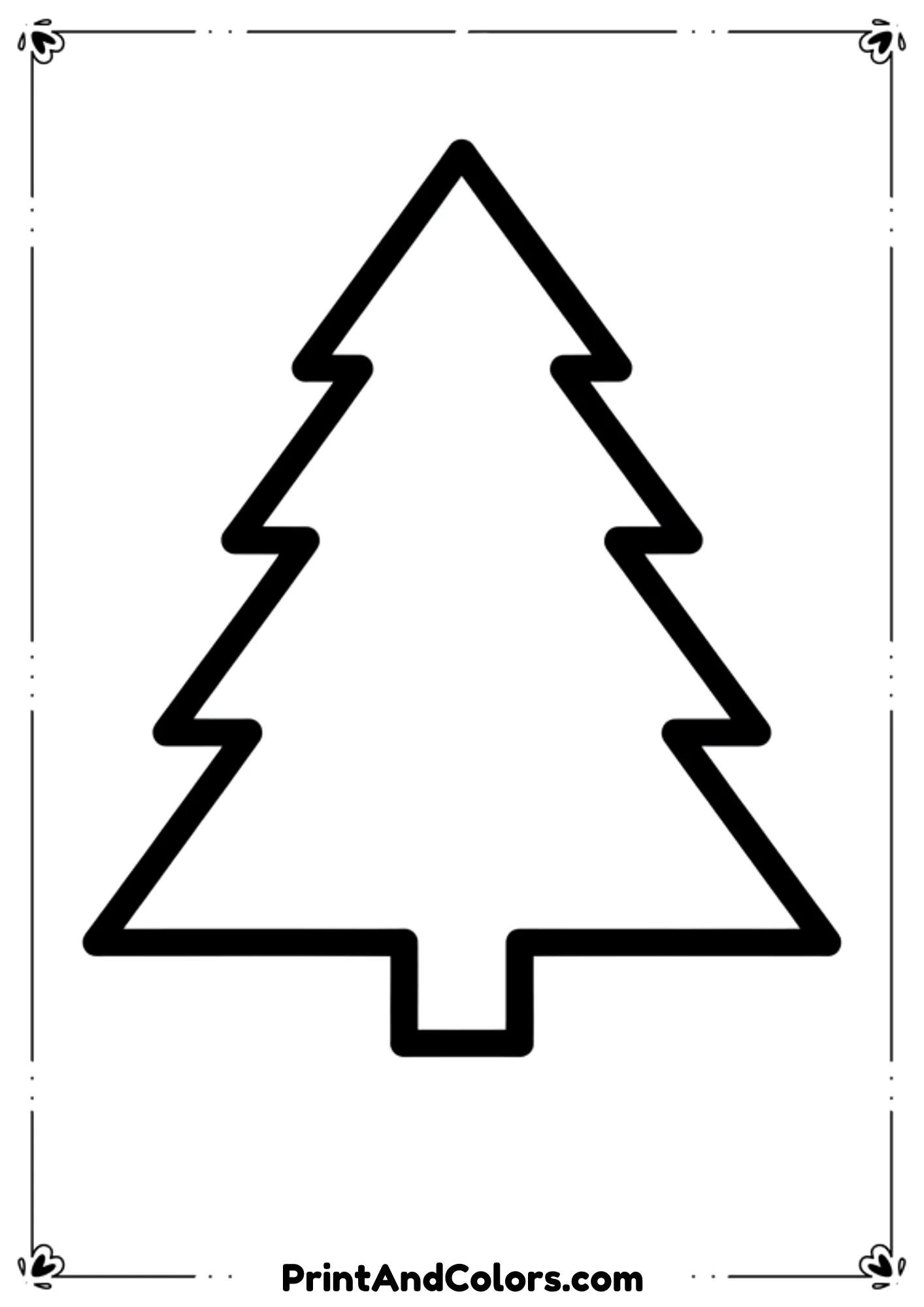 Plain Christmas tree outline with no ornaments—just branches and tree shape. Clean printable template with bold outlines.
