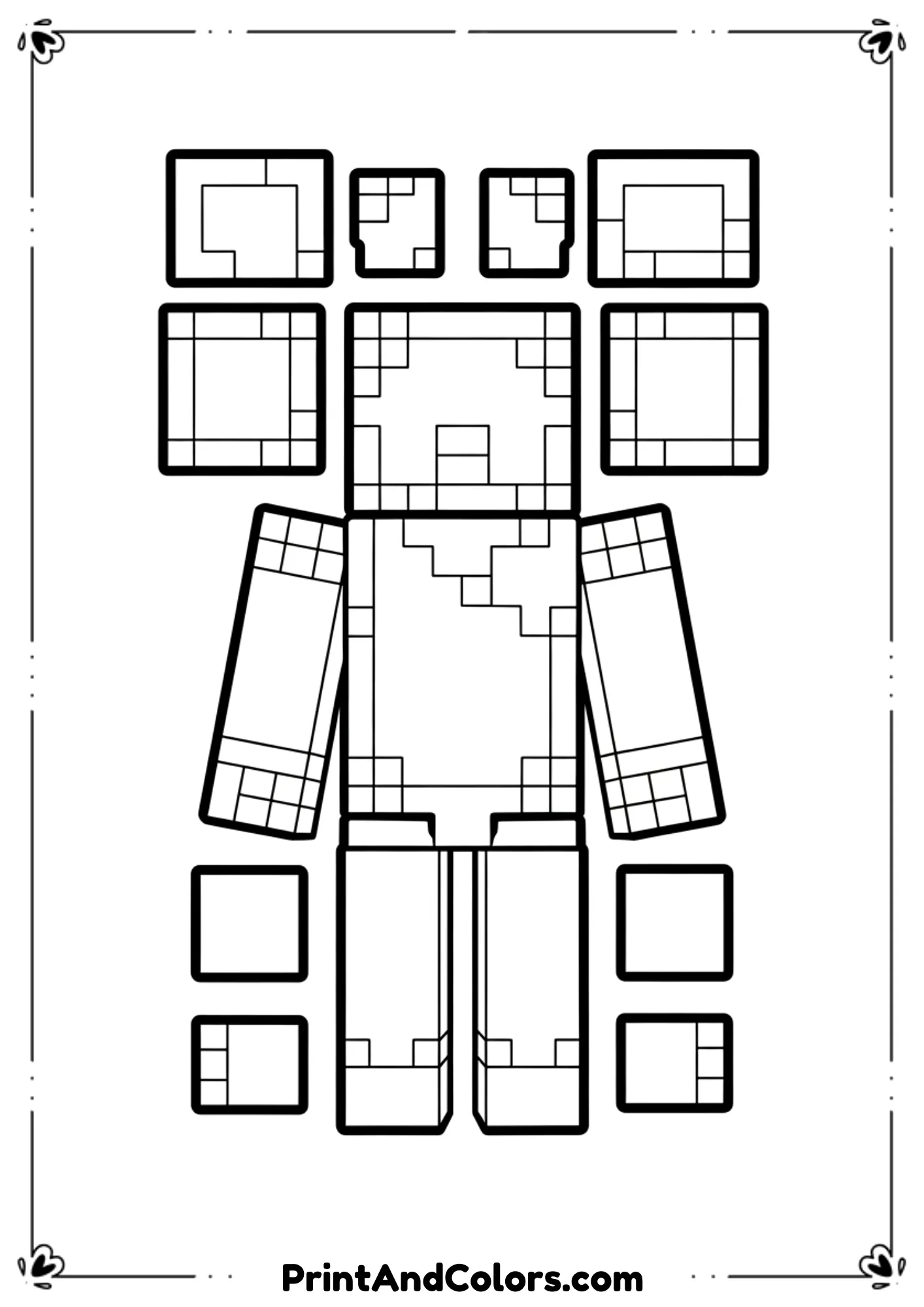  Black and white line illustration of a blank Minecraft character skin template, front-facing block character, clean outlines, no shading, printable coloring page.
