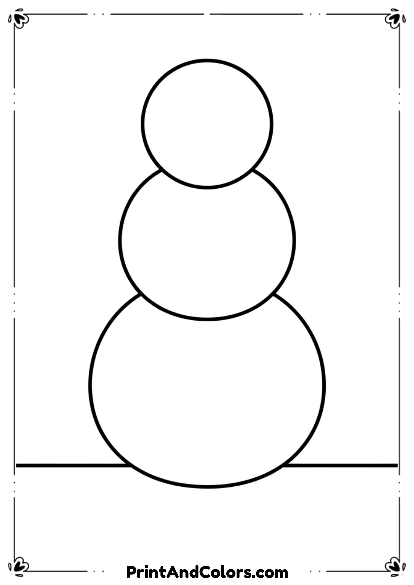 Minimalist outline of a snowman without facial features or decorations. Just three snowballs stacked with empty space for kids to design their own snowman.
