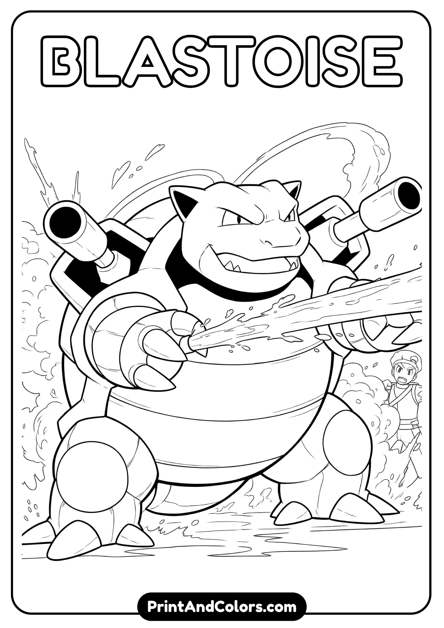 Blastoise firing water blasts – strong coloring page.