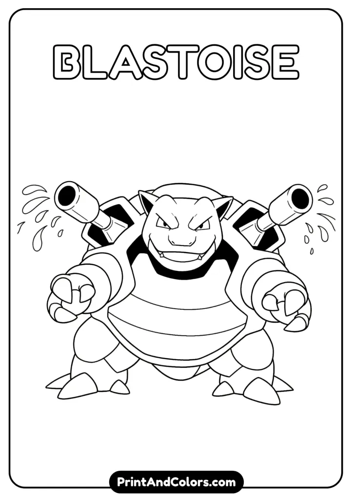 Blastoise preparing to attack – energetic Pokemon coloring page.