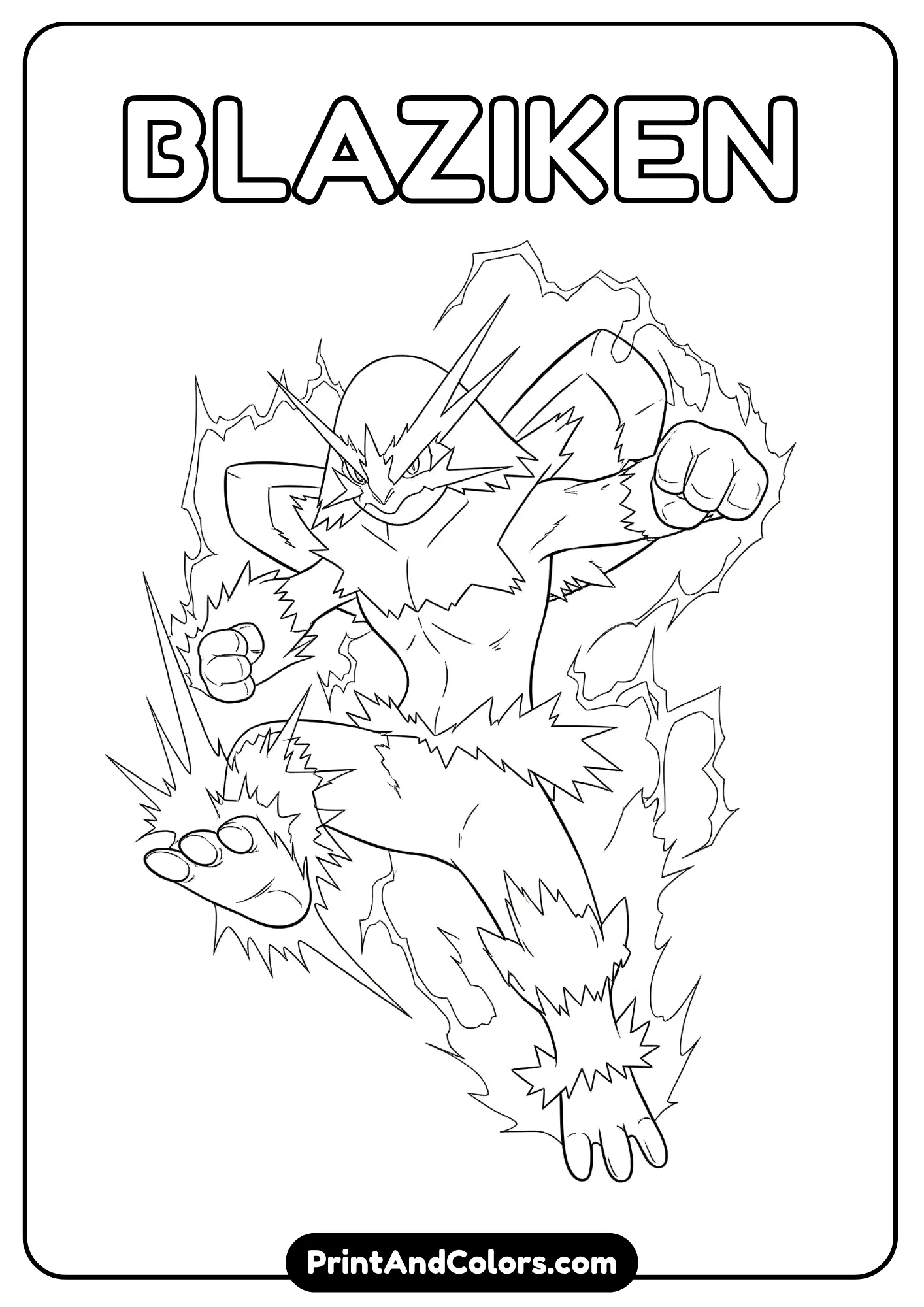 Blaziken doing a fire kick – fierce Pokemon coloring sheet.
