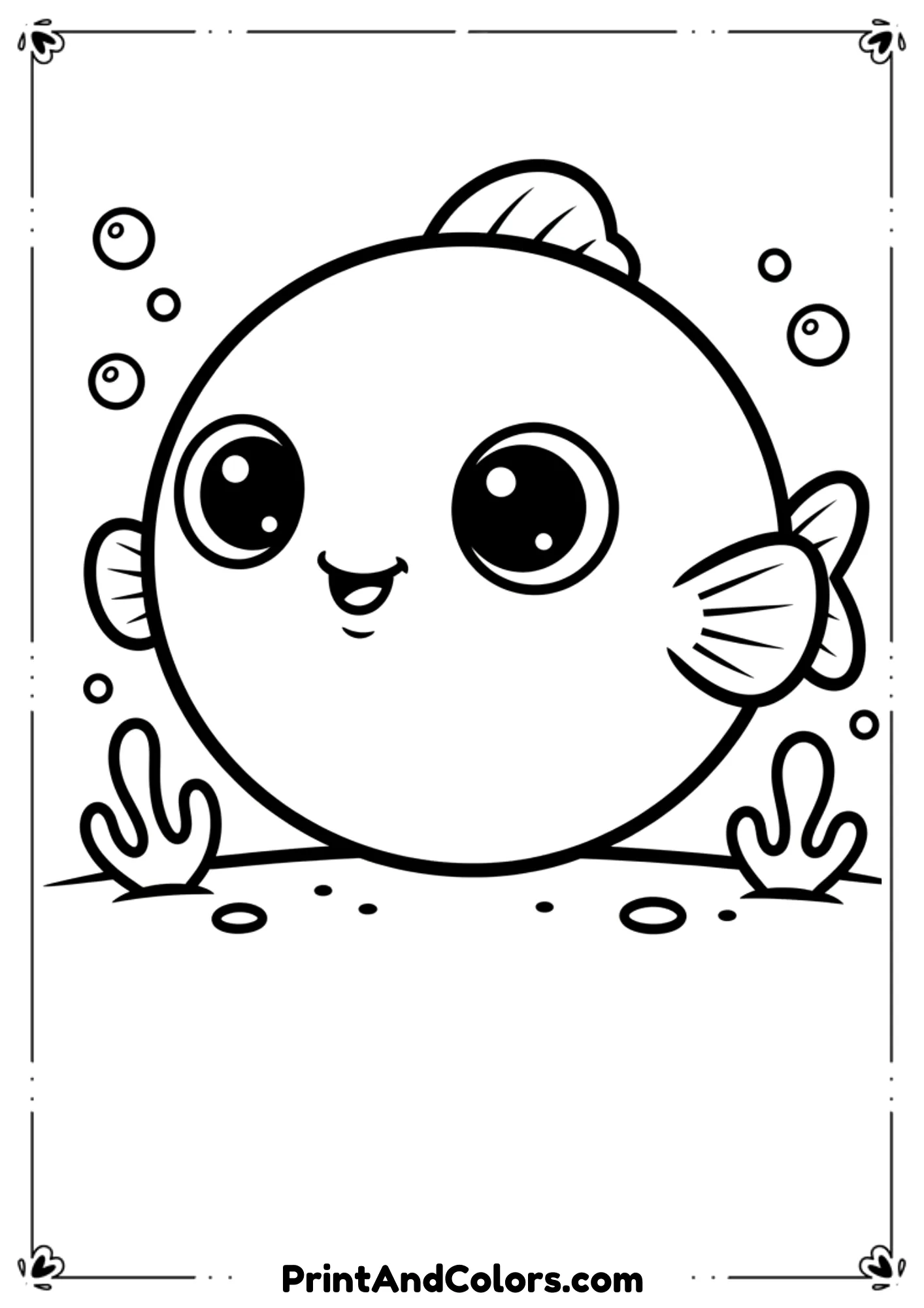 Adorable imaginary “bloop fish” with round chubby body, tiny fins, and big cute eyes. Kid-friendly, thick outlines.