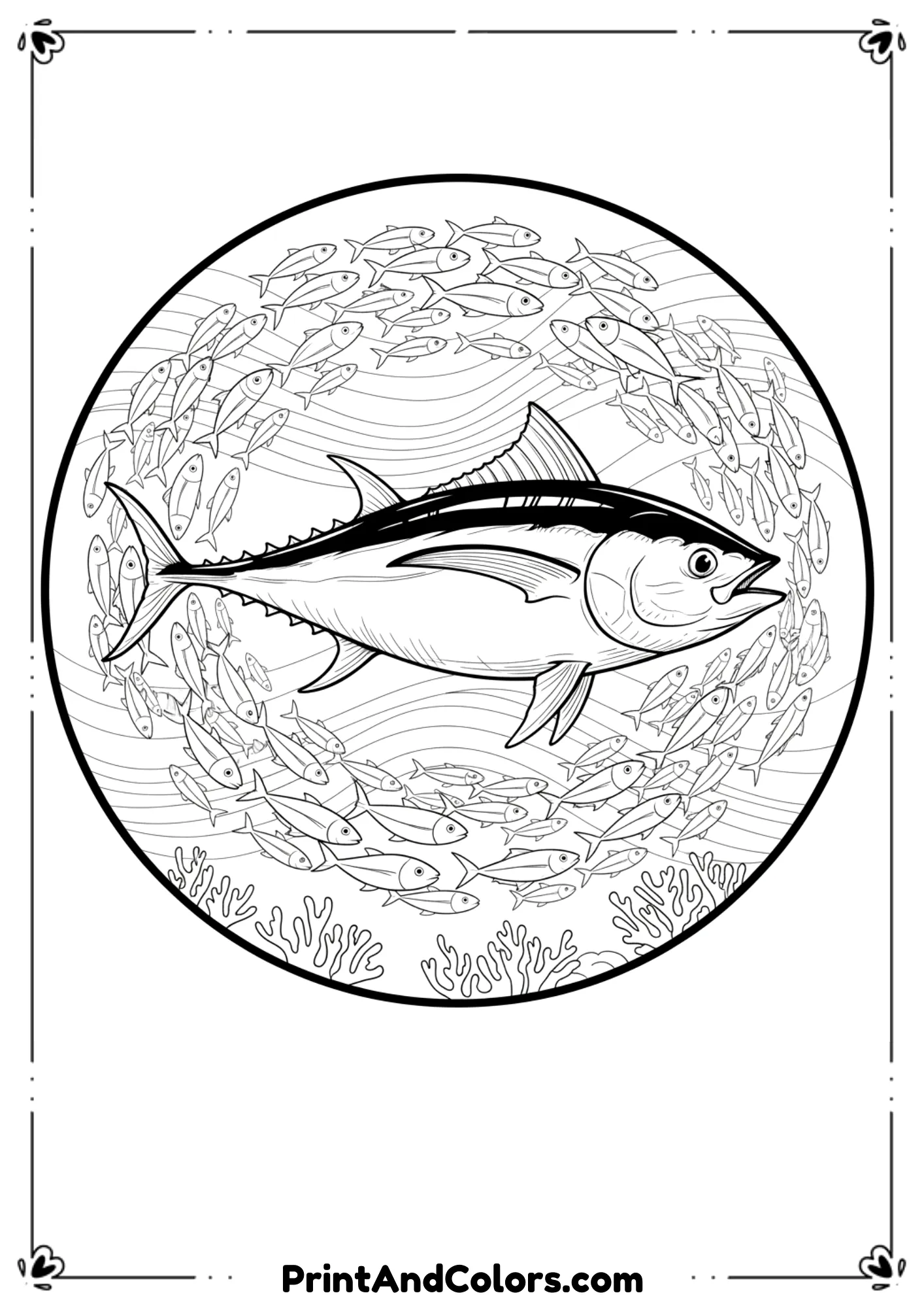 Line-art style bluefin tuna swimming gracefully with a school of small fish. Add light wave patterns and minimal coral lines. Clean, realistic outlines, no shading.