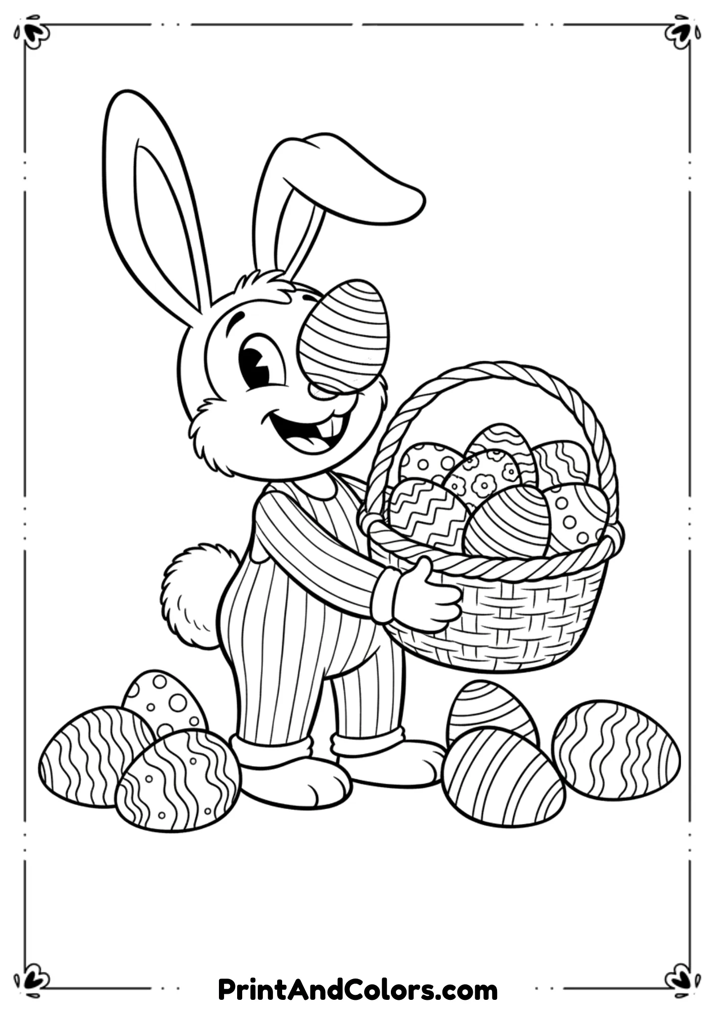 Cartoon-style Bluey character with Easter eggs and bunny ears, black and white line art.
