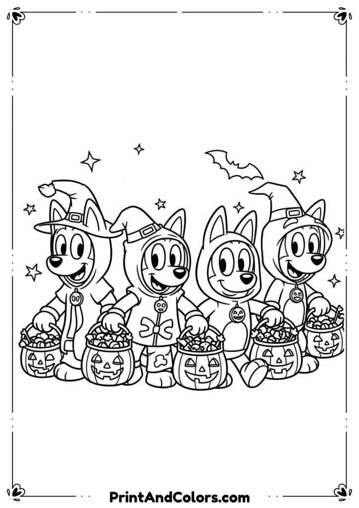 Bluey and Bingo in Halloween costumes carrying candy buckets with bats and stars in cartoon line art