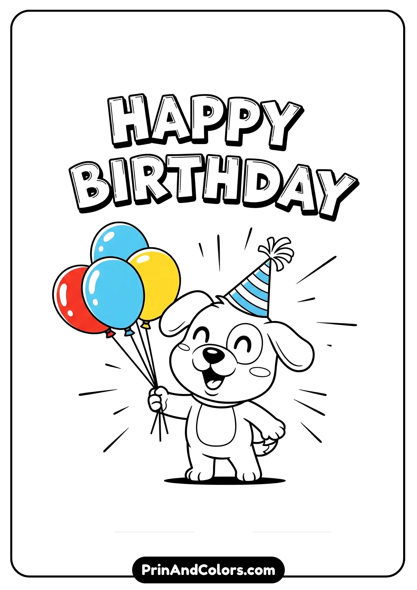Bluey-inspired birthday coloring page with balloons and party hat