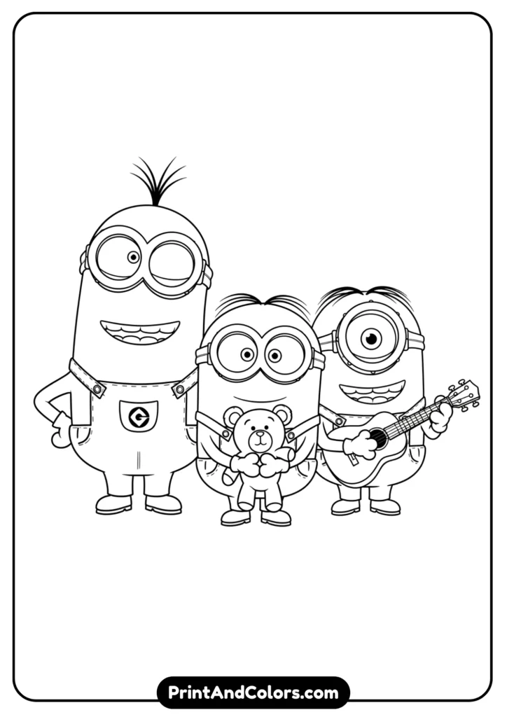 Cartoon-style line art of Bob, Kevin, and Stuart together, each showing their personality, simple outlines for kids to color.