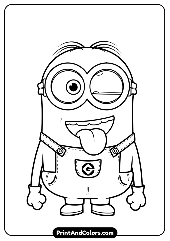 Cute Minion Bob sticking his tongue out playfully, outlined in black and white, minimal background, clear for coloring.