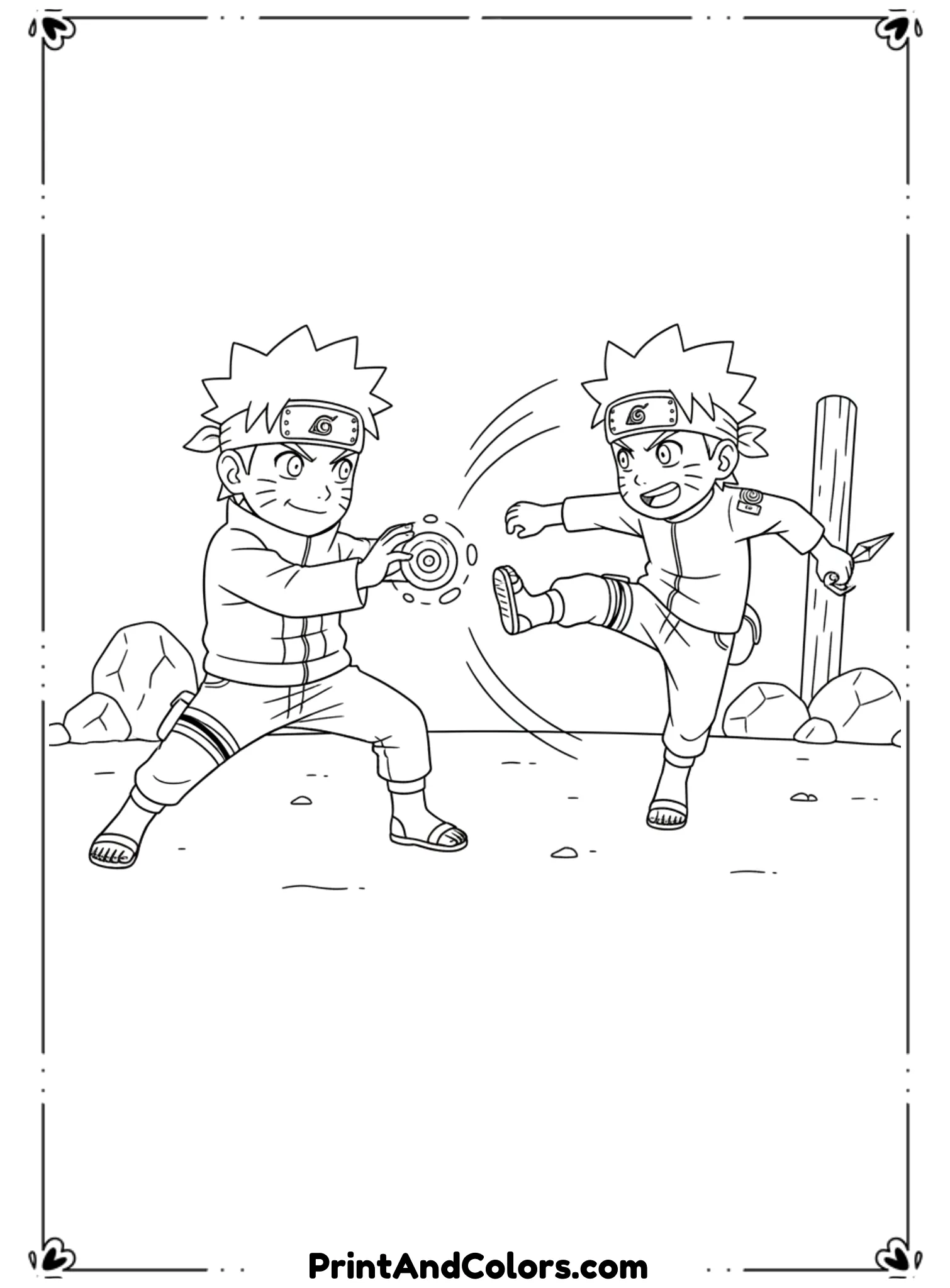 Draw Naruto and Boruto in a friendly battle or training scene. Both characters show action poses with playful energy. Simple motion lines, child-friendly proportions. Clean black outlines, no shading, easy-to-color anime page for kids.