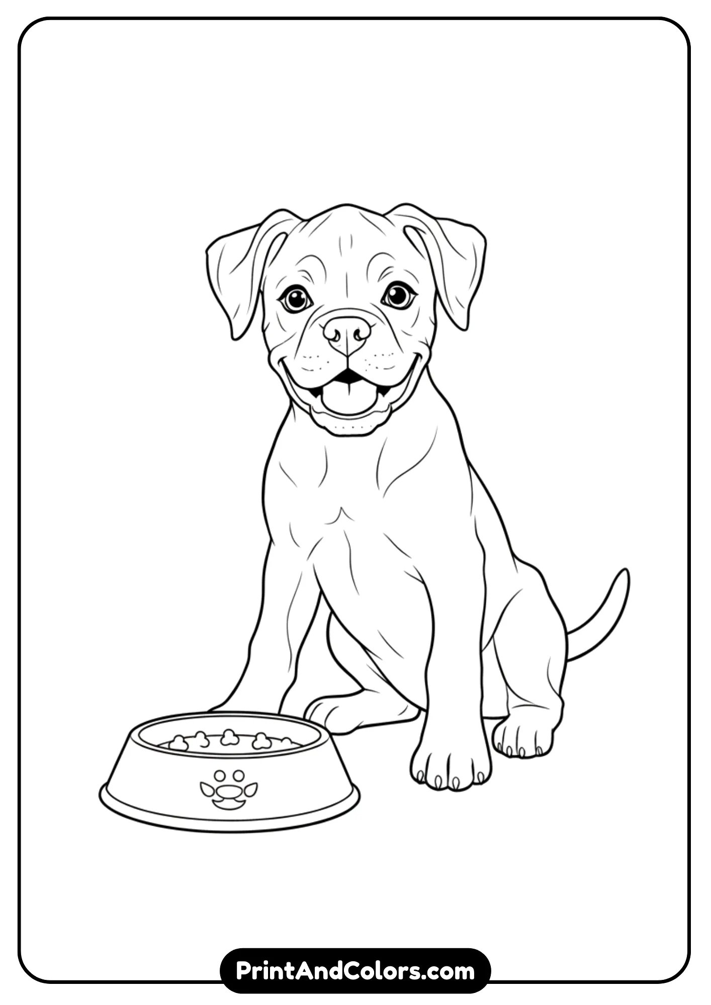 Outline drawing of a Boxer puppy sitting happily with a food bowl in front. Clean black and white lines for coloring